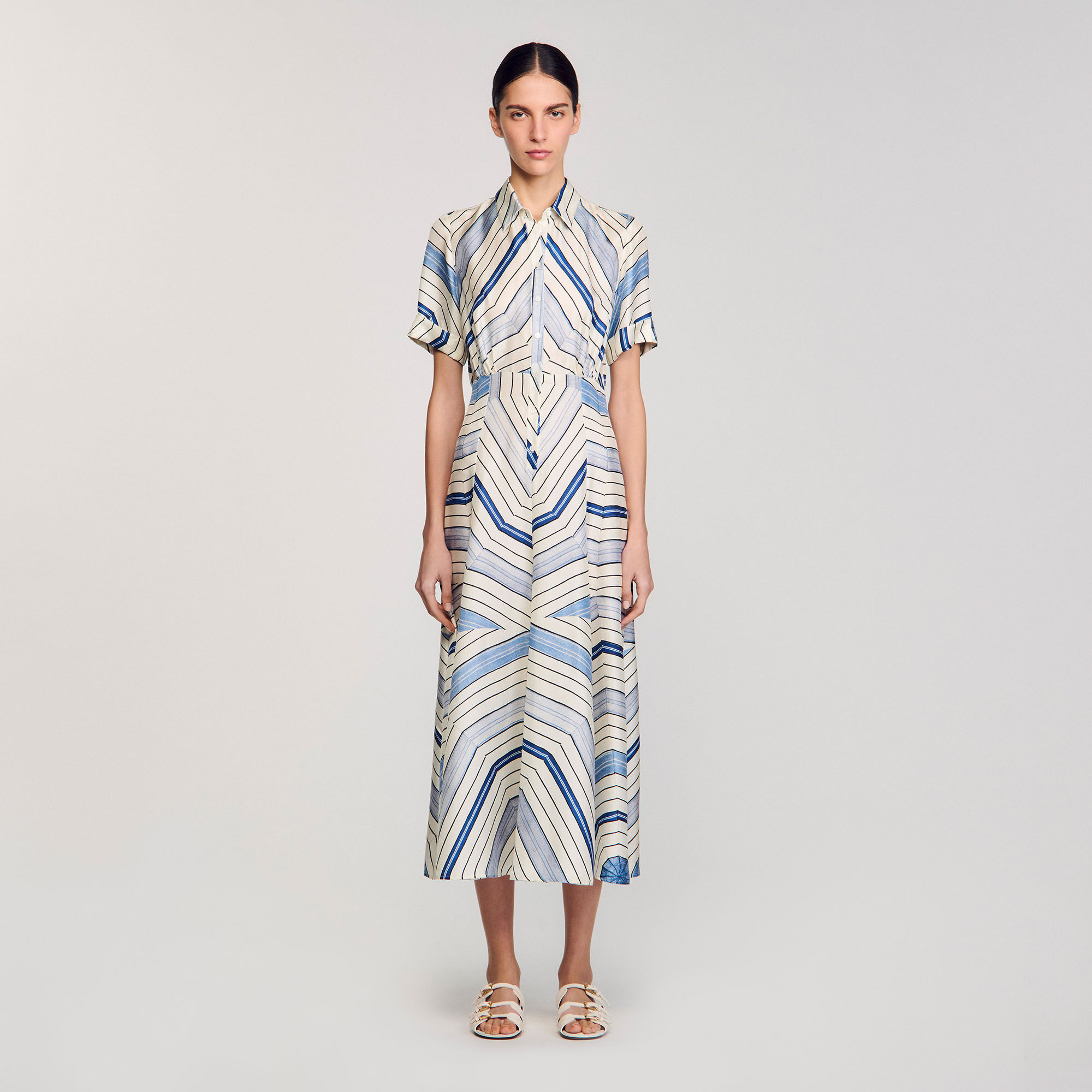 Spiral-motif silk midi dress blue For Women | Sandro Paris
