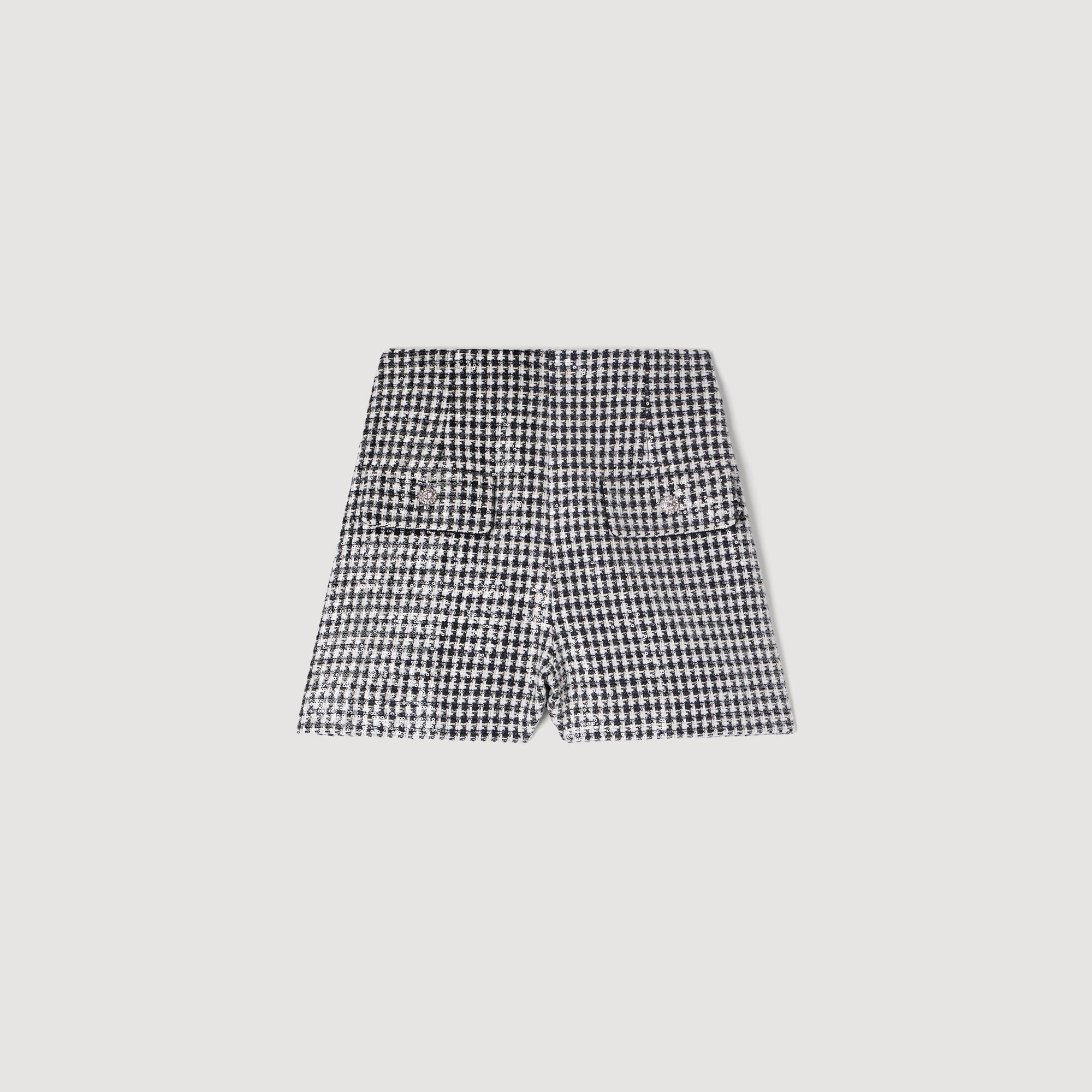 Sequin houndstooth tweed shorts black / gray For Women | Sandro Paris