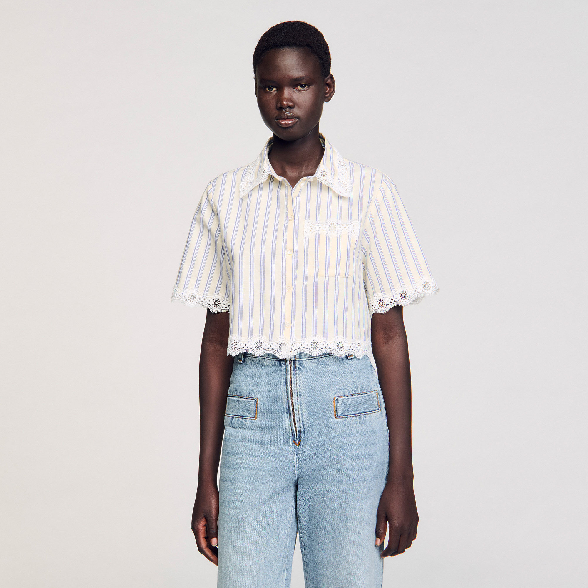 LEONARD PARIS ベアトップ Oversized striped rhinestone shirt black / gray For Women