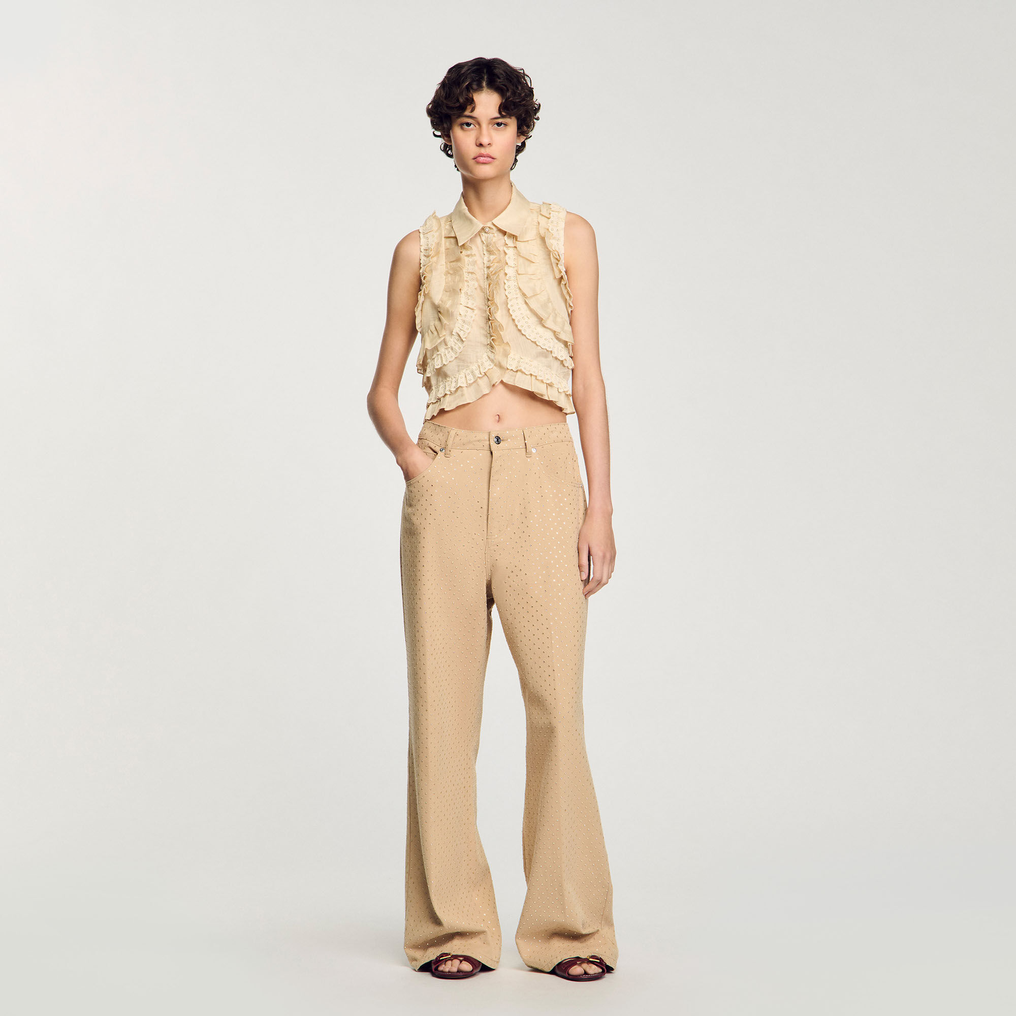 Striped rhinestone shirt white / beige For Women | Sandro Paris