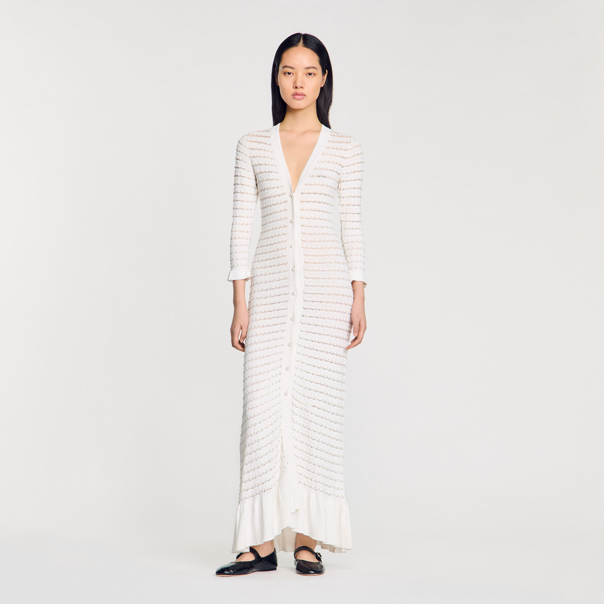 【海外限定】Sandroワンピース☆Long-Sleeve V-Neck Pointelle-K Wraparound dress black / gray For Women | Sandro Paris