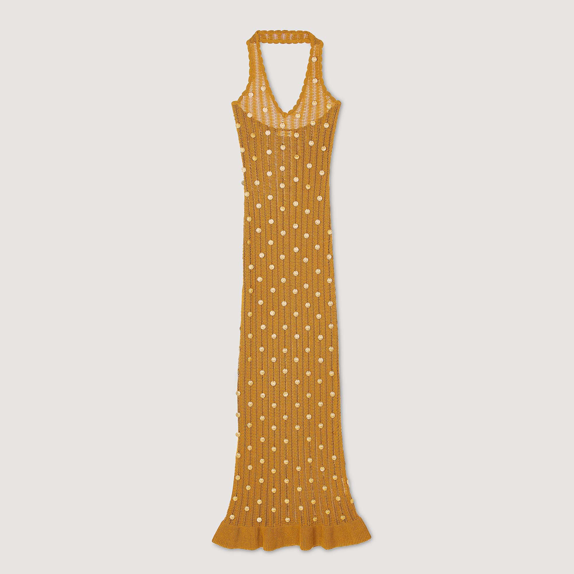 Long knit dress with fringes green For Women | Sandro Paris