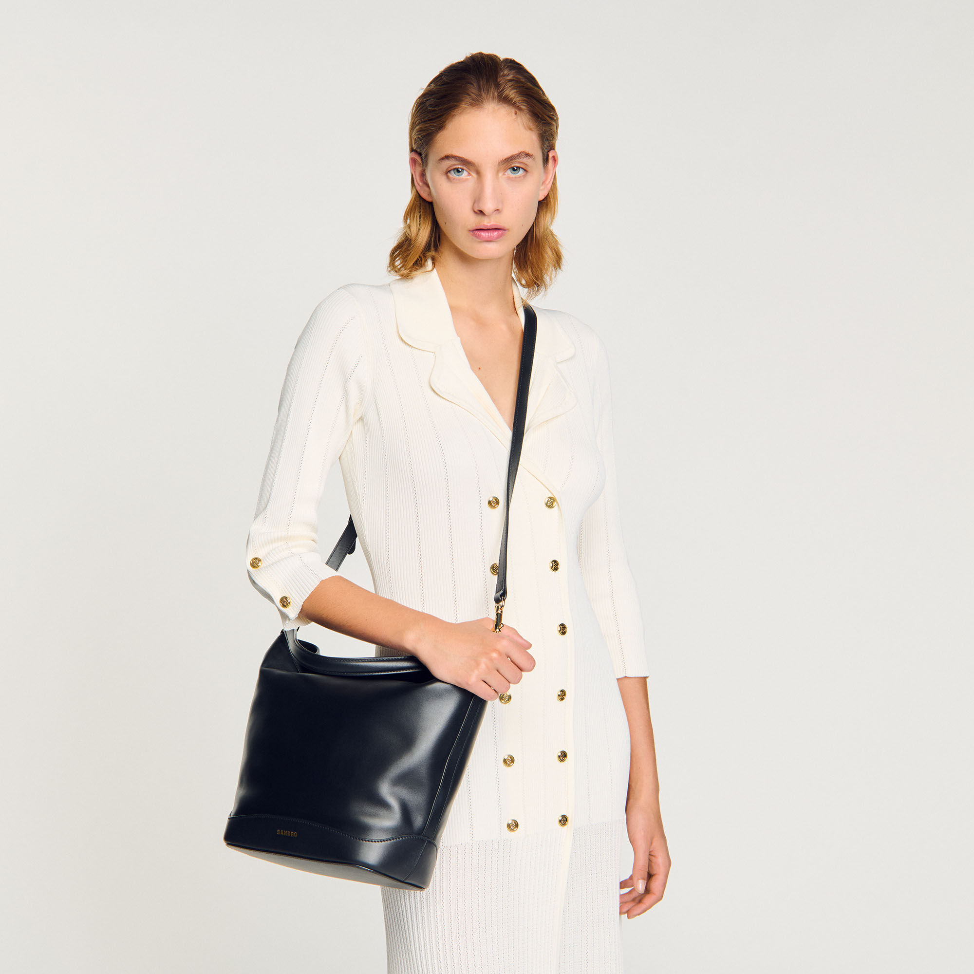 Leather bucket bag TANGOSO black / gray For Women | Sandro Paris