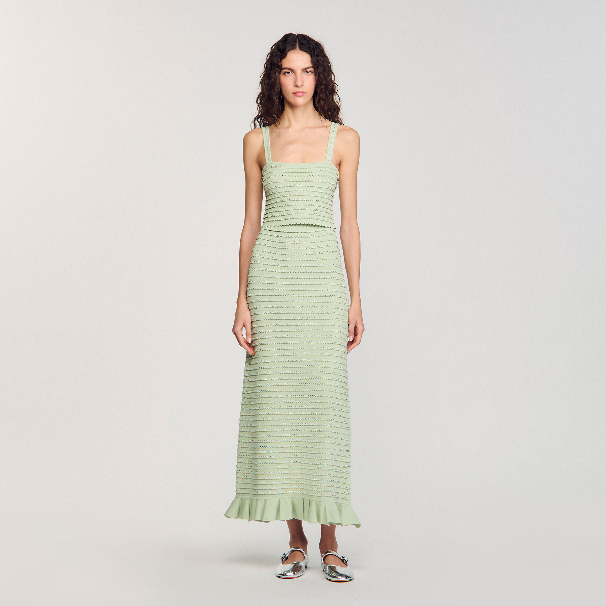 Rhinestone knit crop top green For Women | Sandro Paris