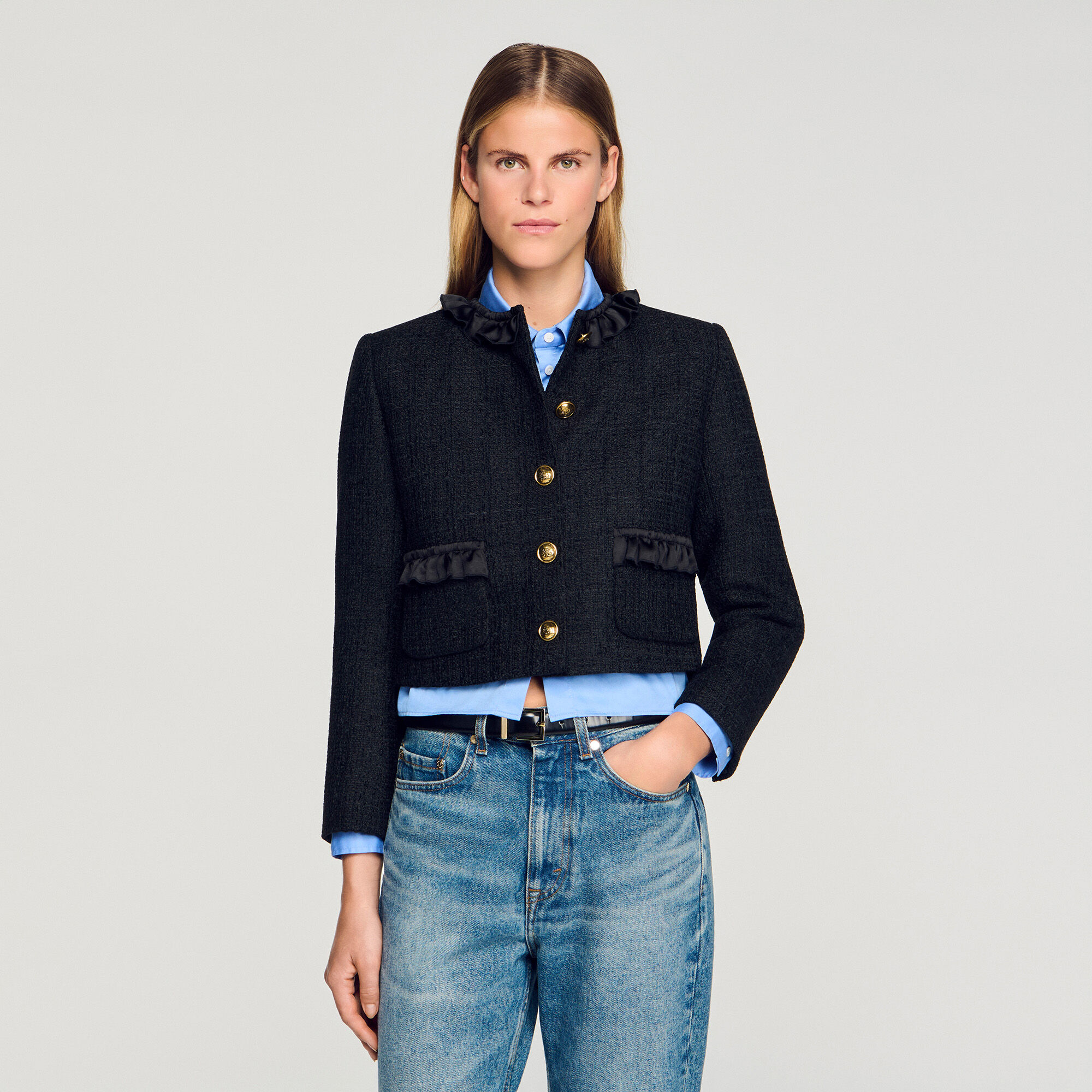 Ruffled tweed jacket black / gray For Women | Sandro Paris