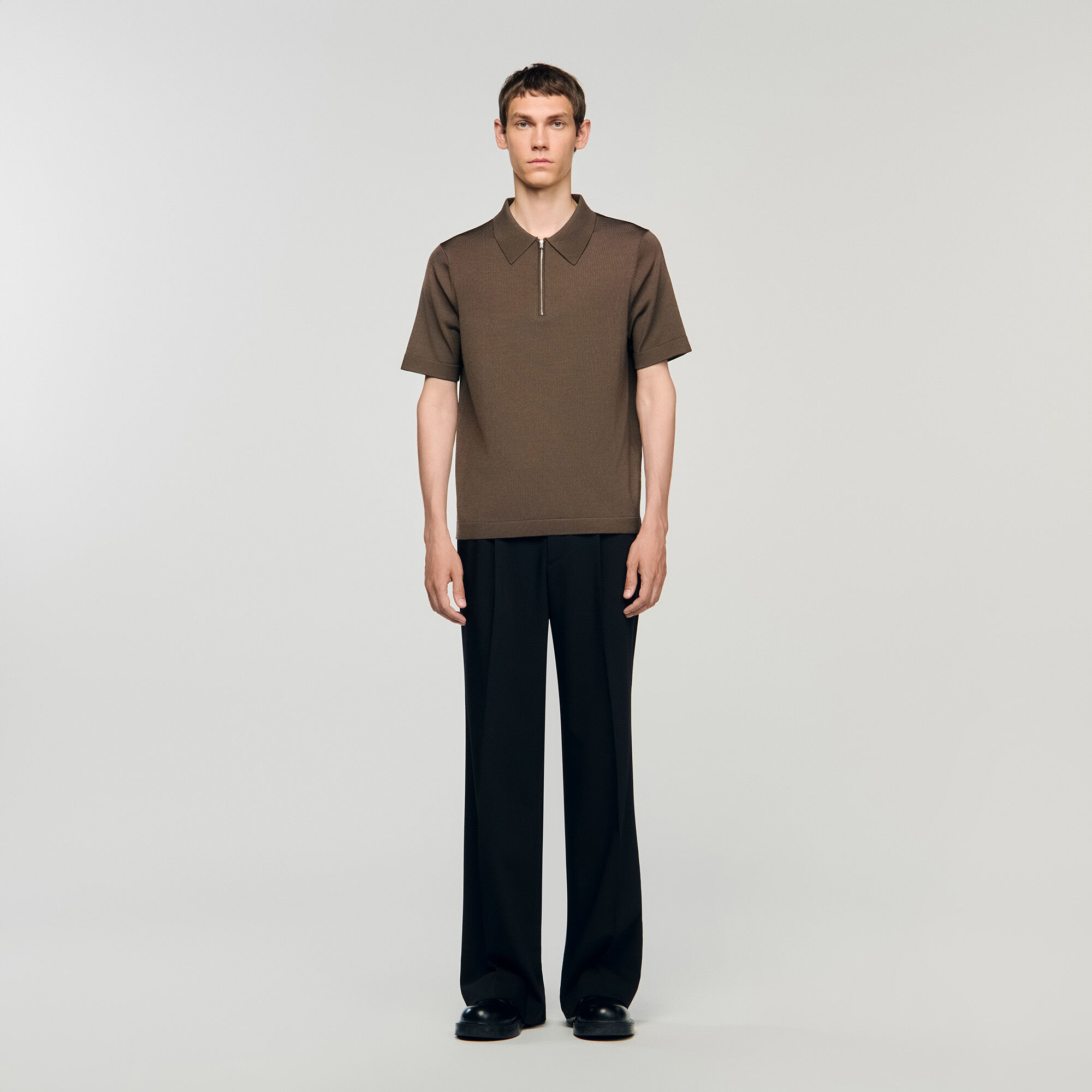 Knitted polo shirt with zip collar brown for Men | Sandro Paris