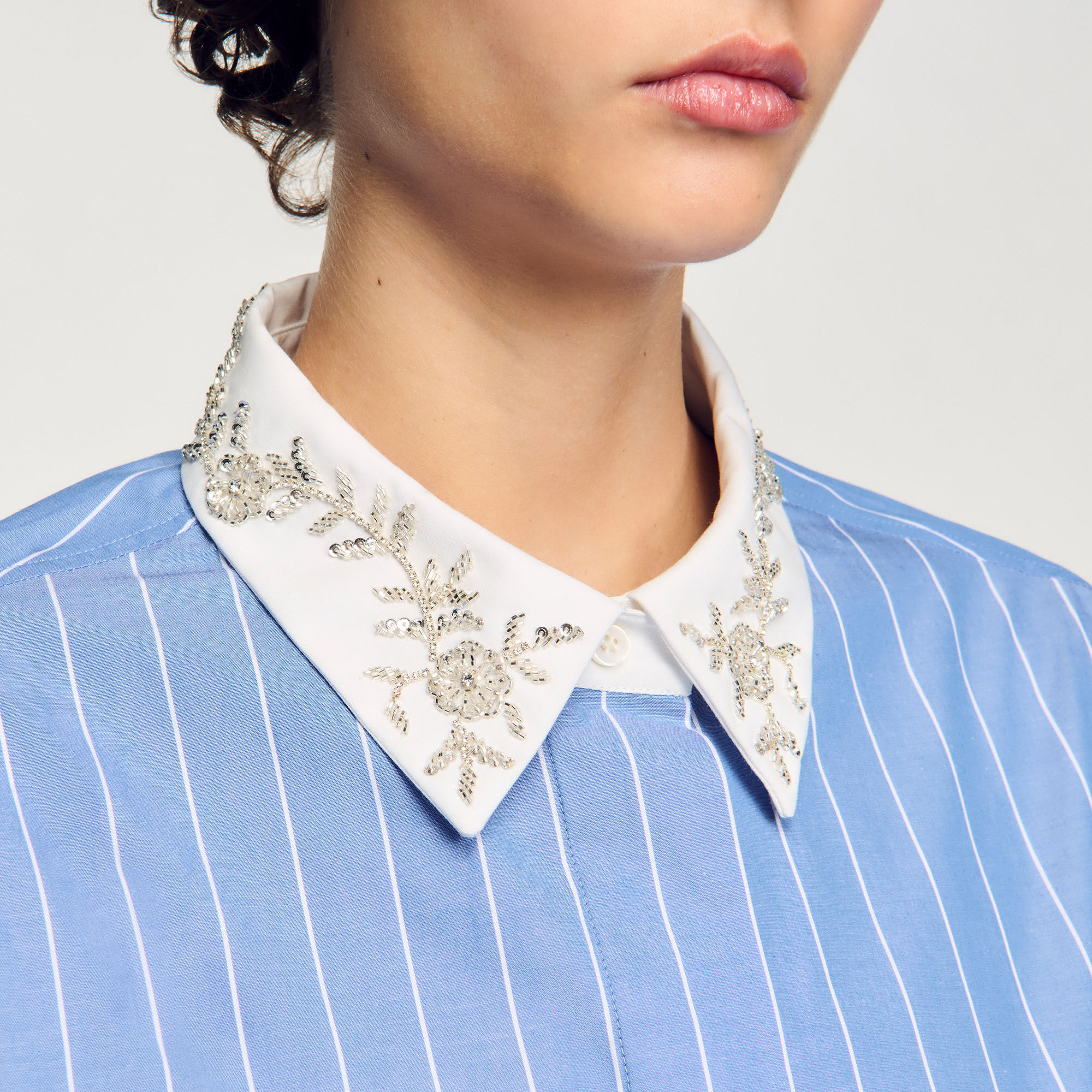 Striped cropped shirt blue For Women | Sandro Paris