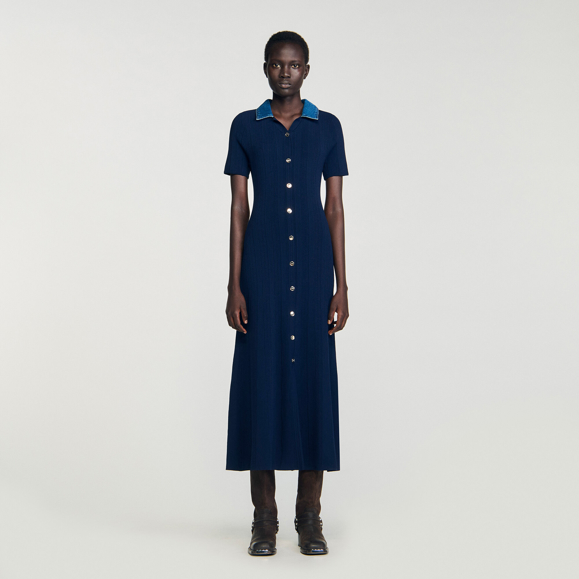 Denim collar knit maxi dress blue For Women | Sandro Paris