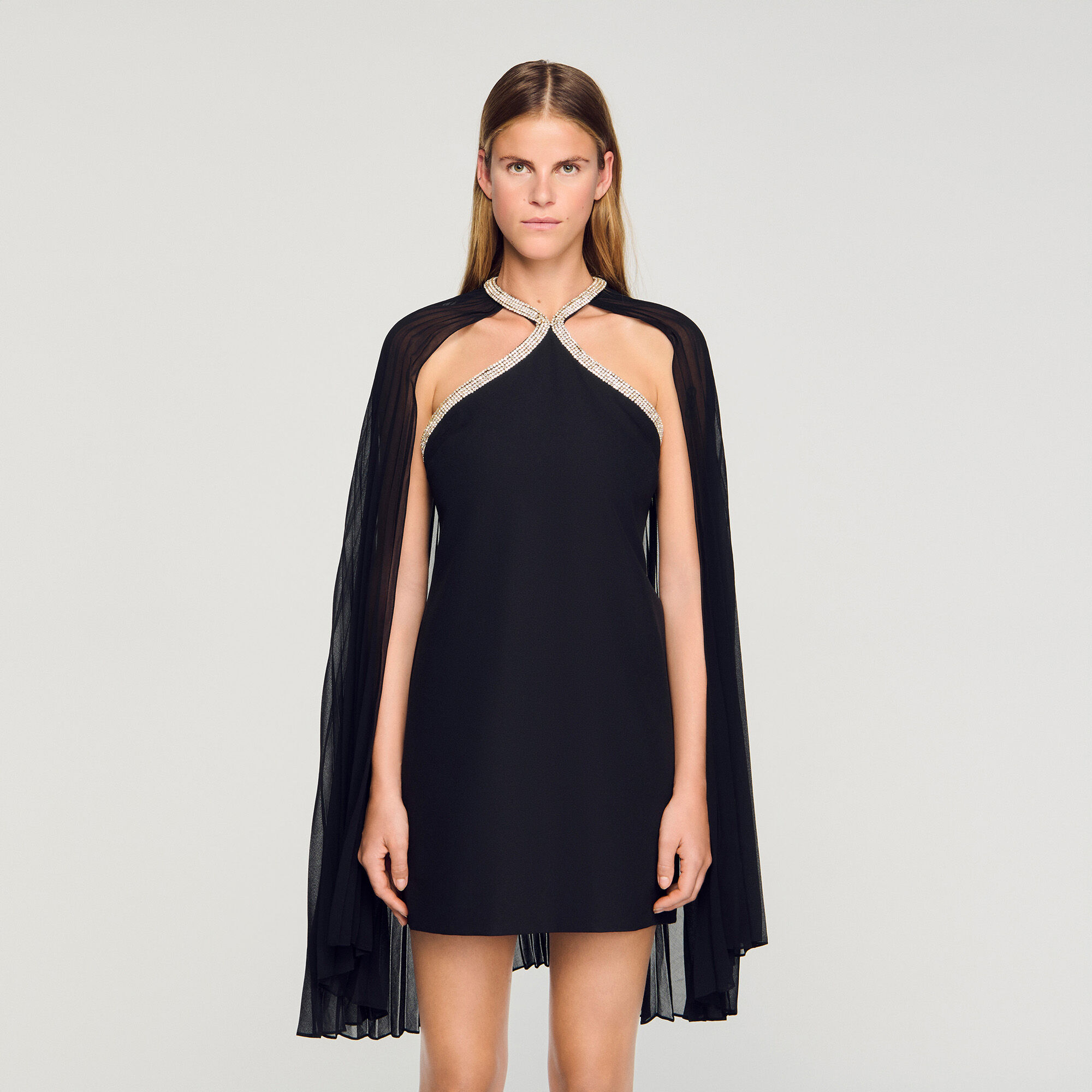 Short cape dress with rhinestones
