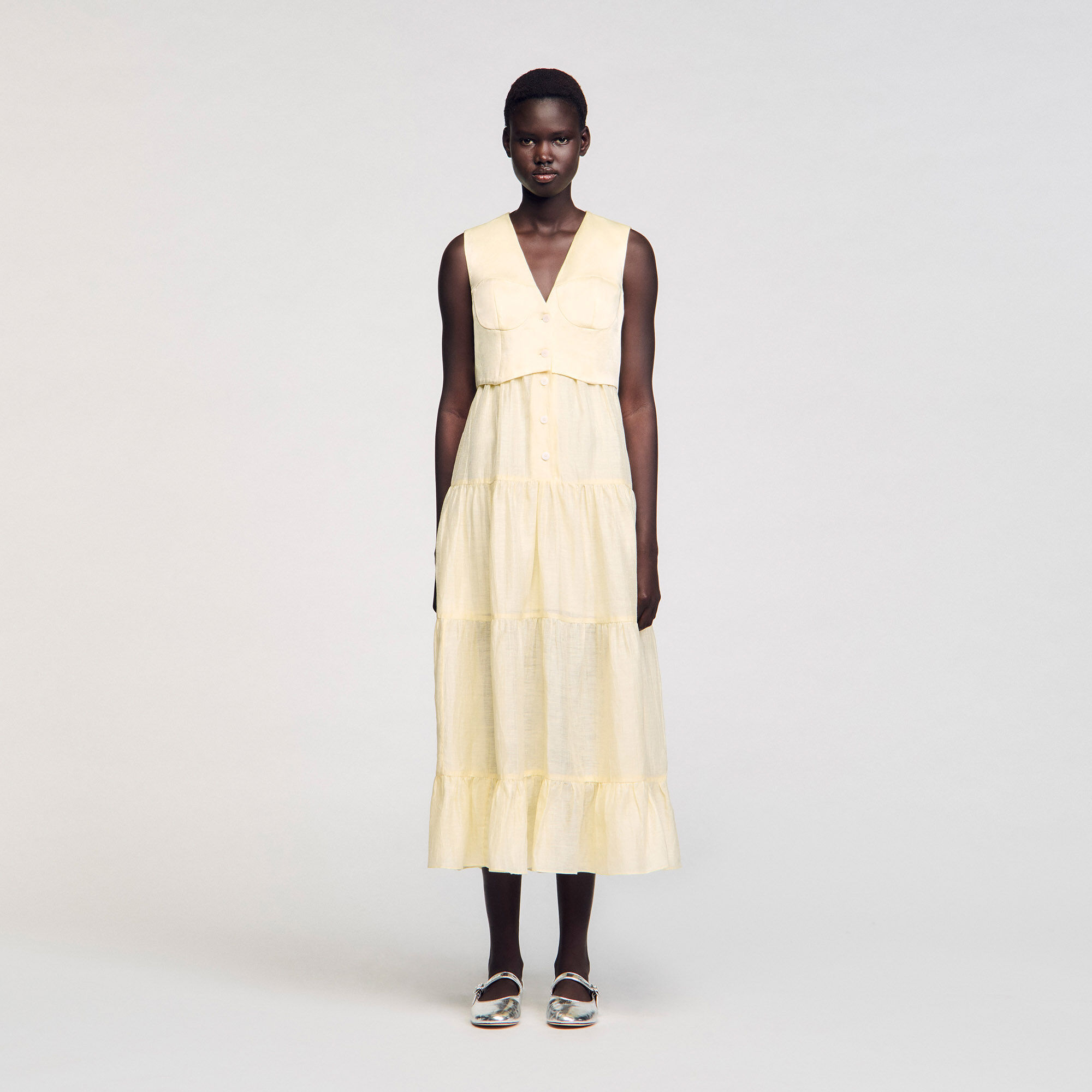 【海外限定】Sandroワンピース☆V-Neck Button-Down Linen Maxi Linen maxi dress yellow / orange For Women | Sandro Paris