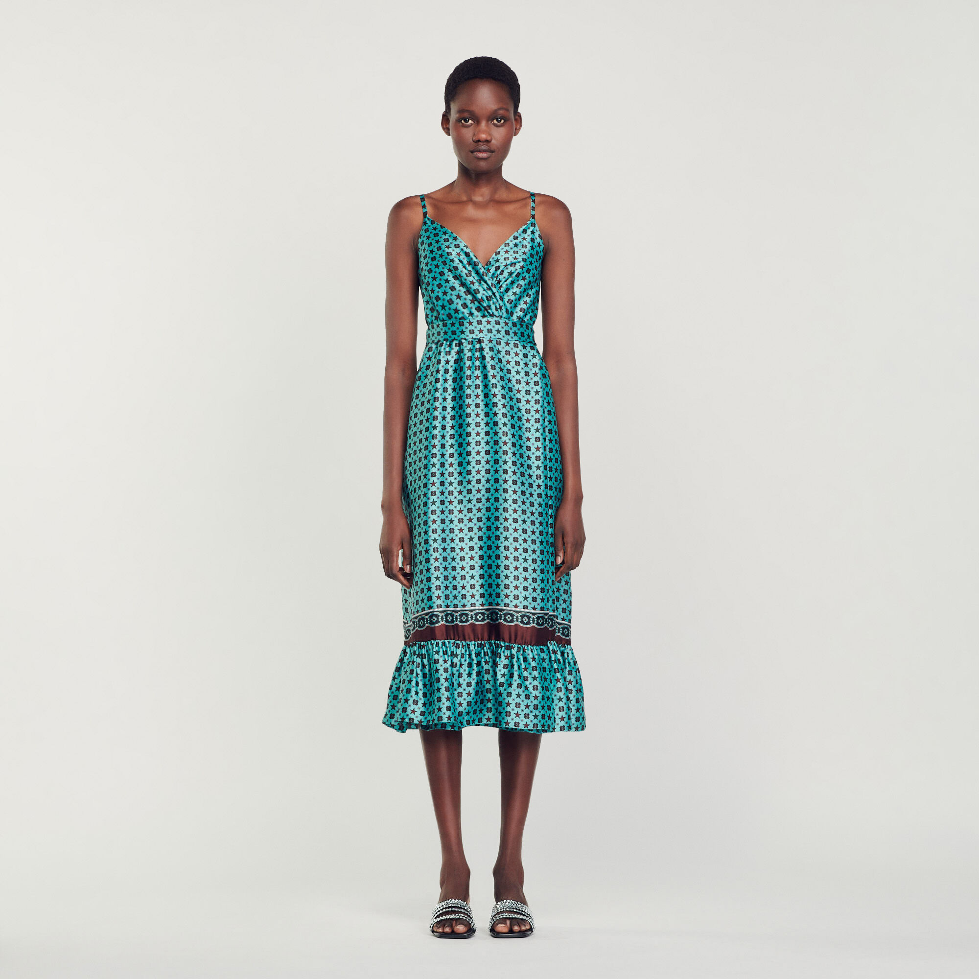 Printed satin midi dress Brown Sandro Paris