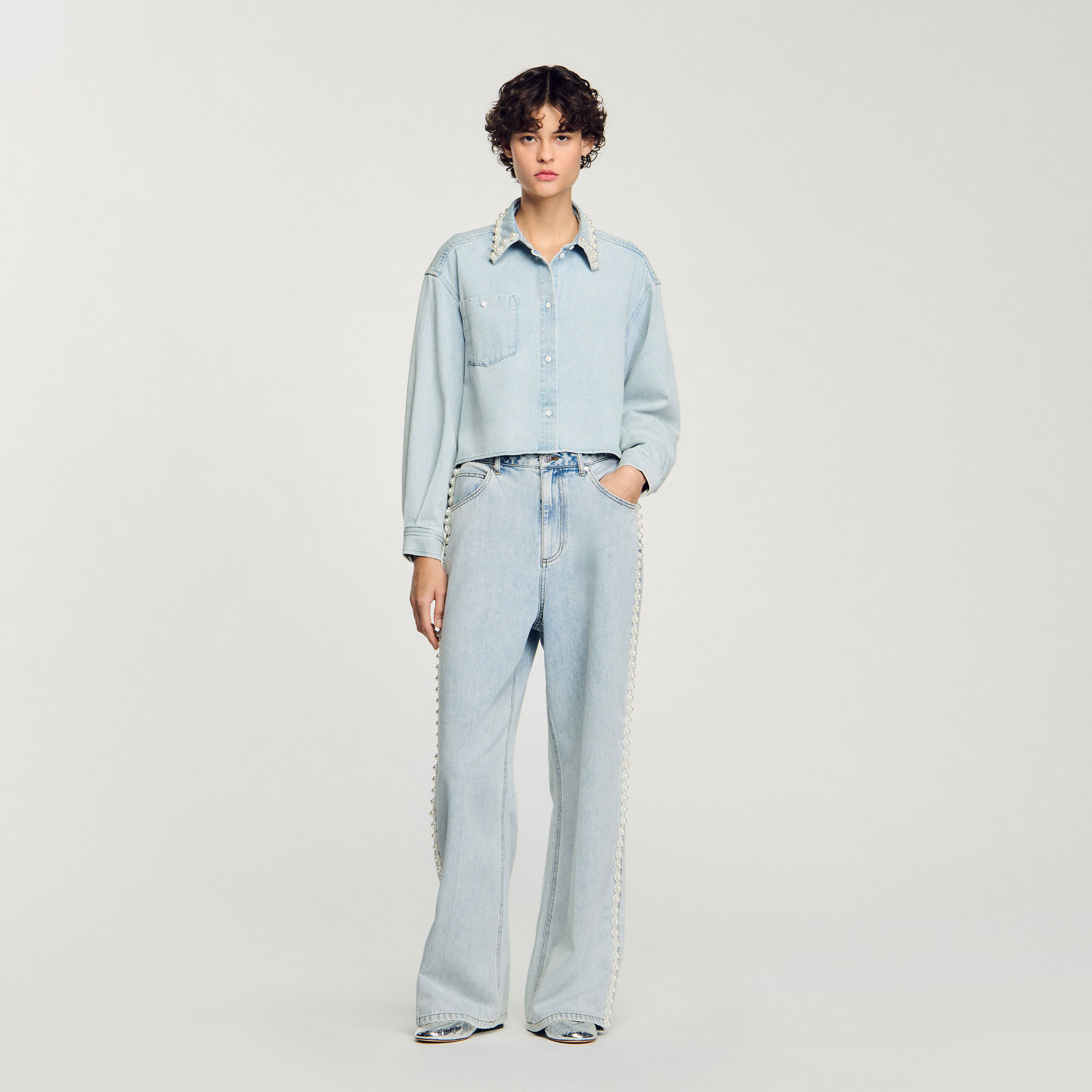 Denim shirt with beaded collar