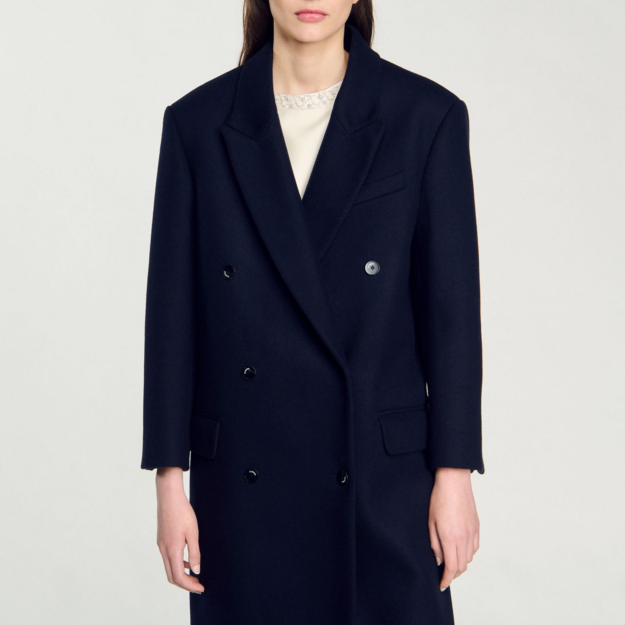 Long wool-blend coat blue For Women | Sandro Paris