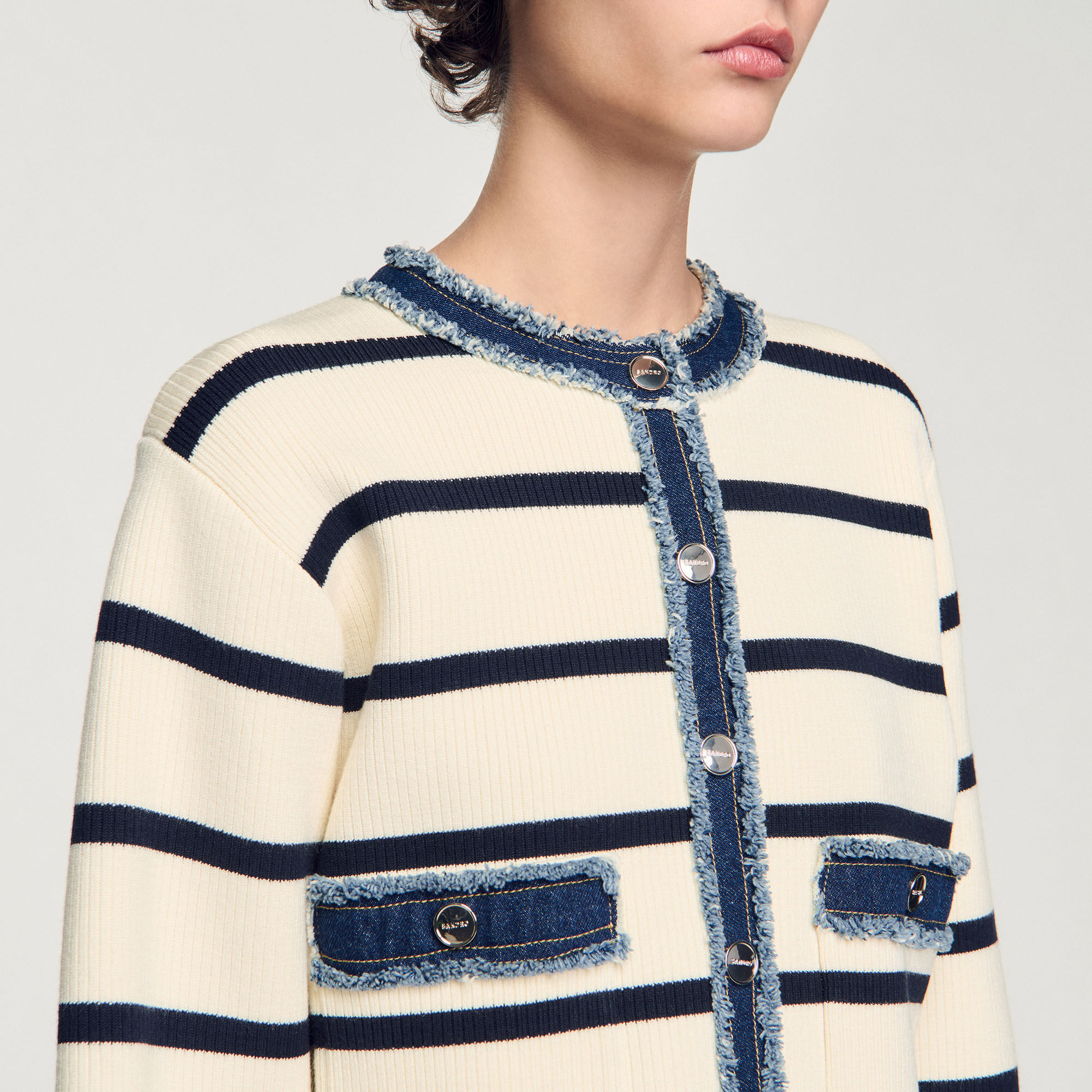 Stripy cardigan with denim details