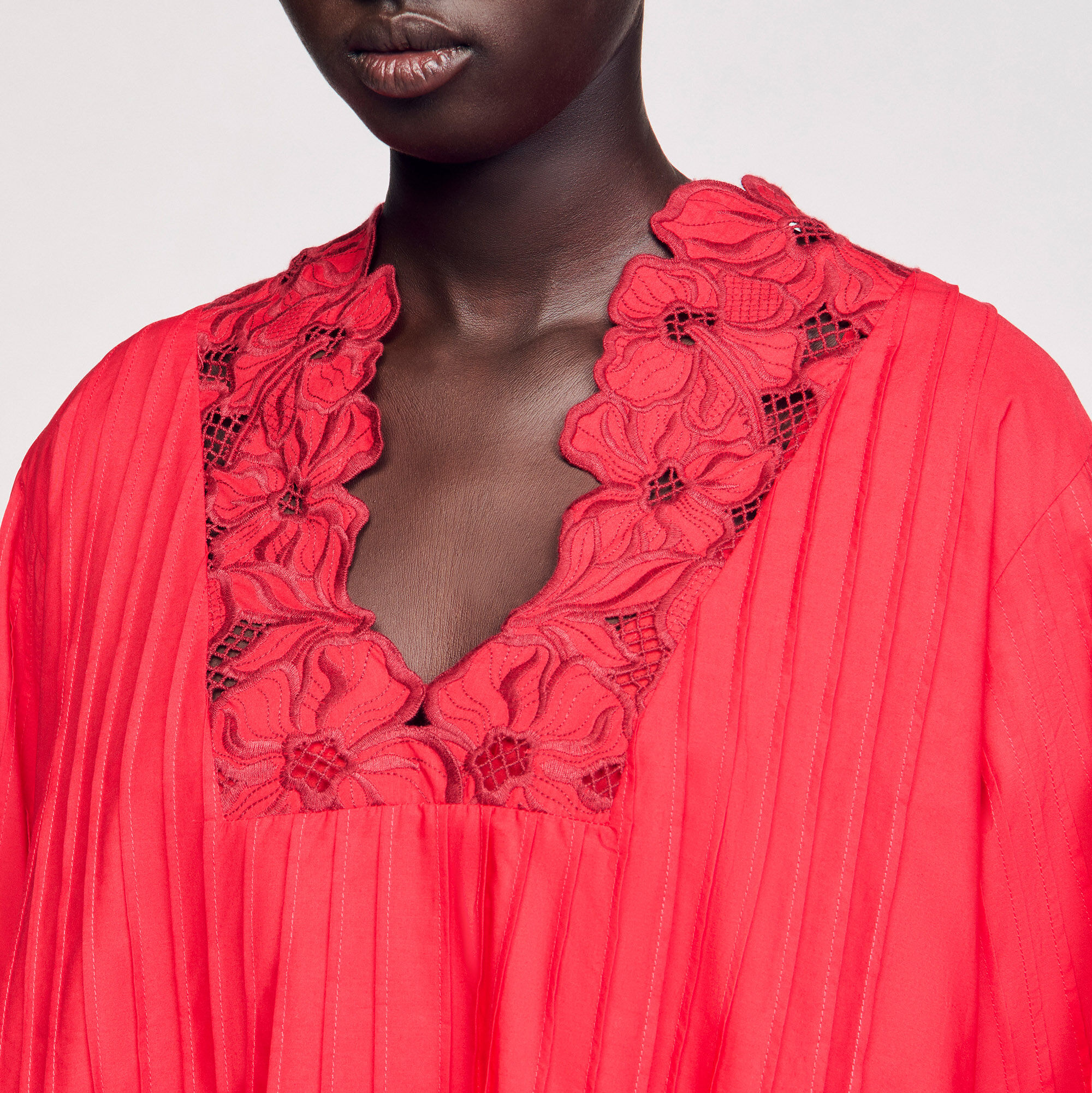 Short dress with floral details red For Women | Sandro Paris