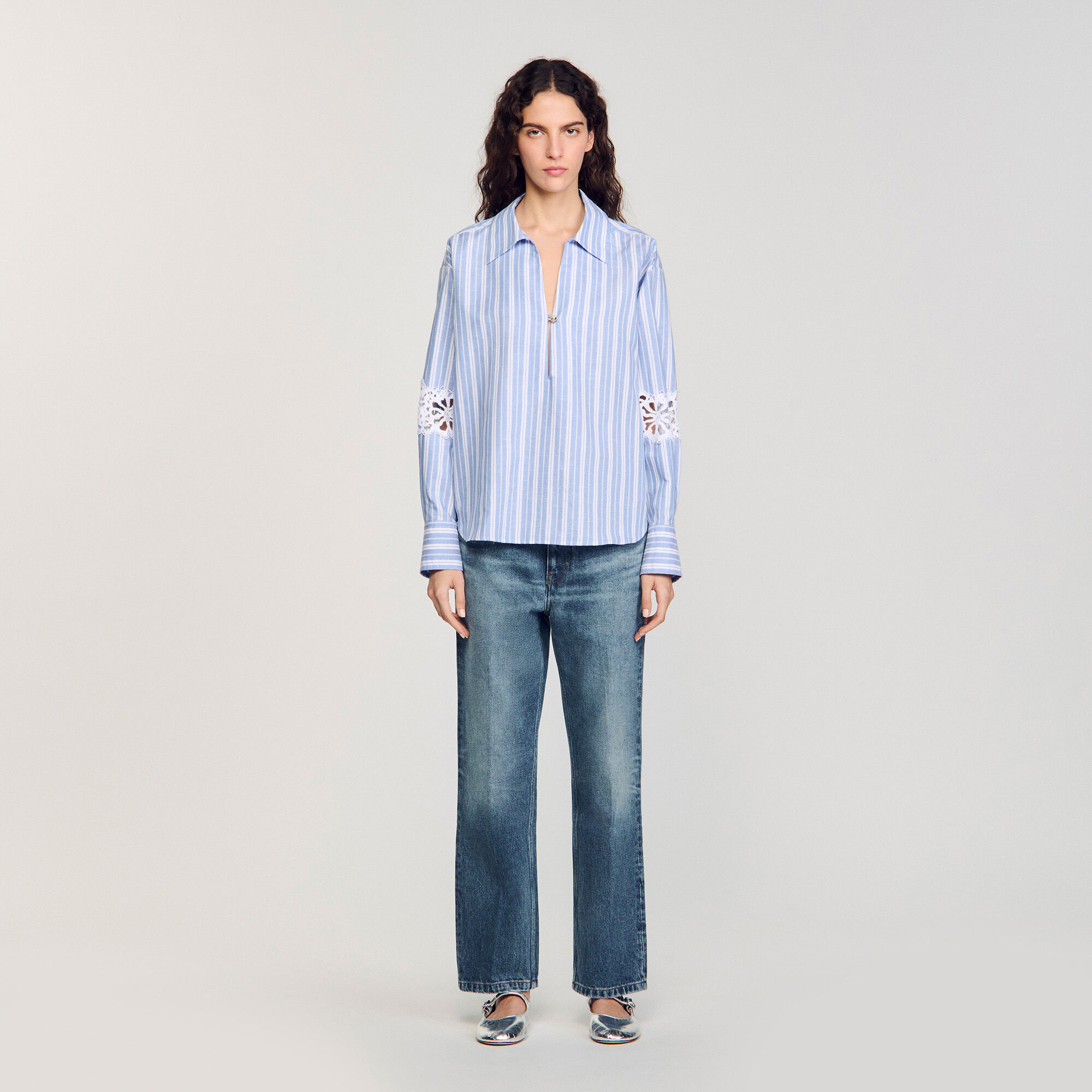 SANDRO 売れ筋商品|||サンドロ シャツ トップス レディース Shirts Azure Striped cropped shirt with rhinestone blue For Women