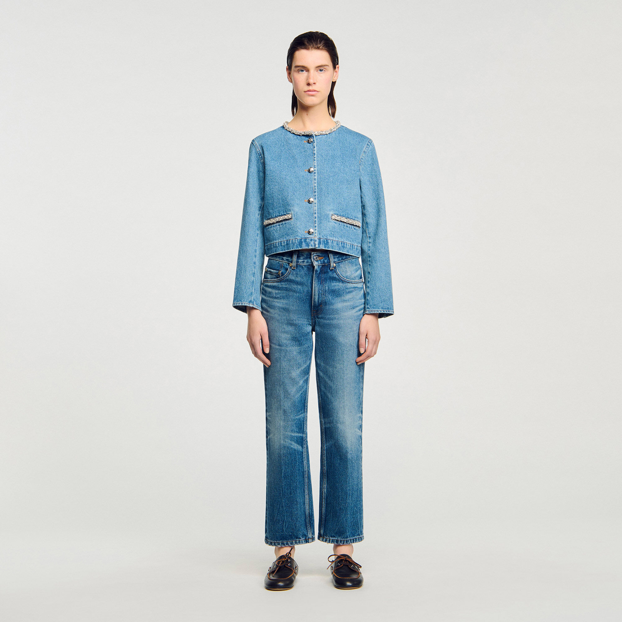 Rhinestone denim jacket blue For Women | Sandro Paris