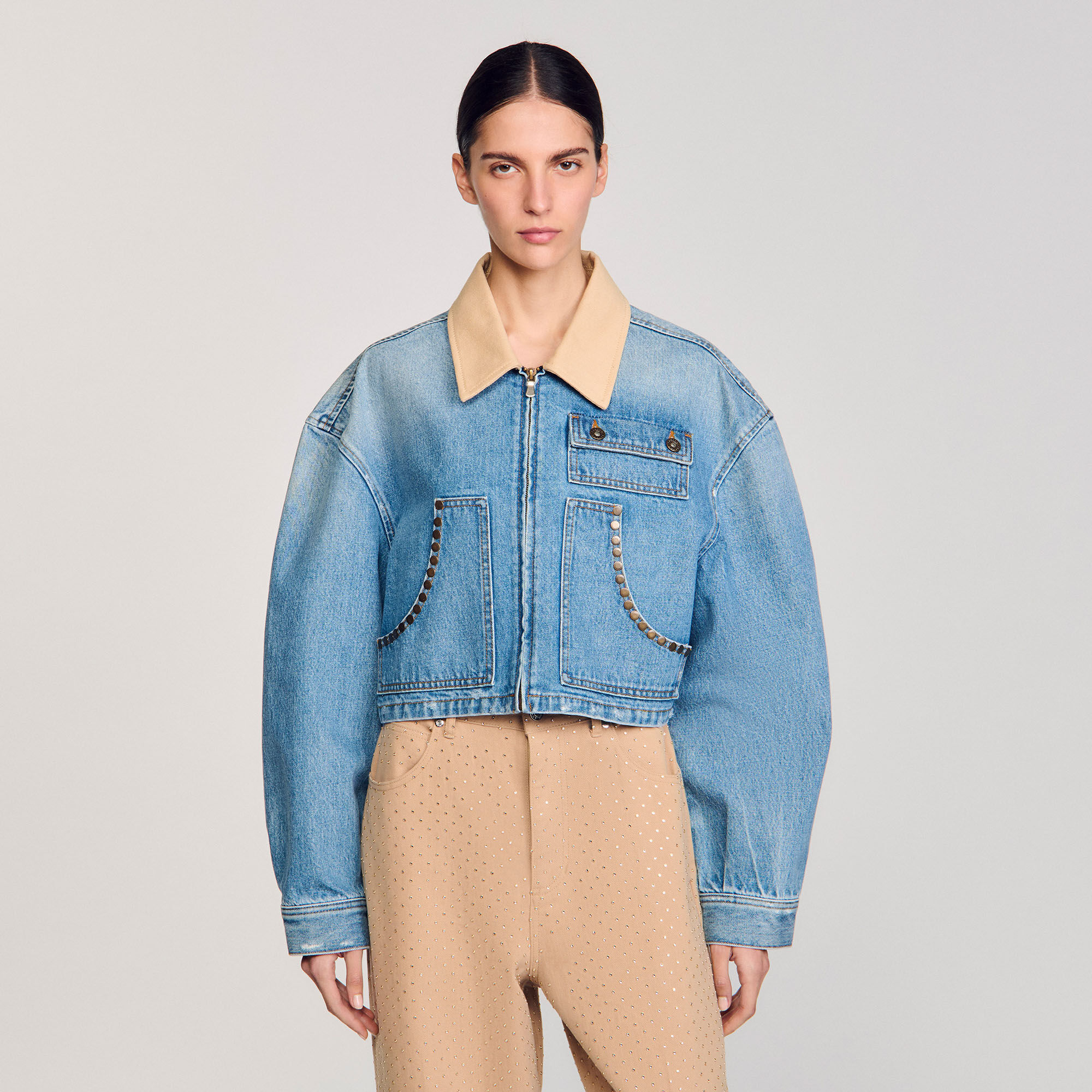 Denim jacket with studs blue For Women | Sandro Paris