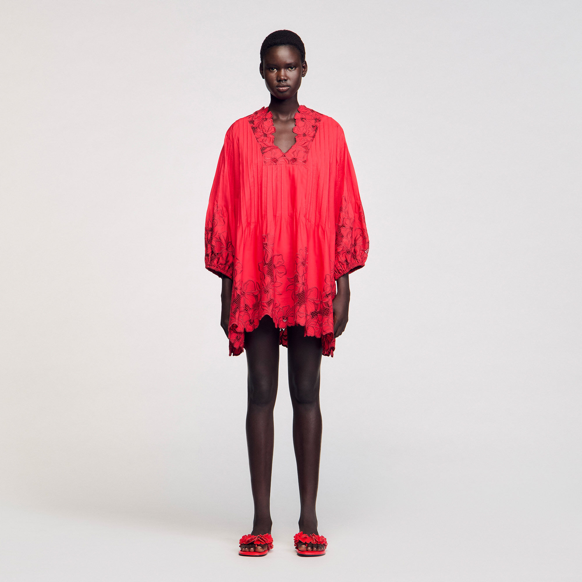 Short dress with floral details red For Women | Sandro Paris