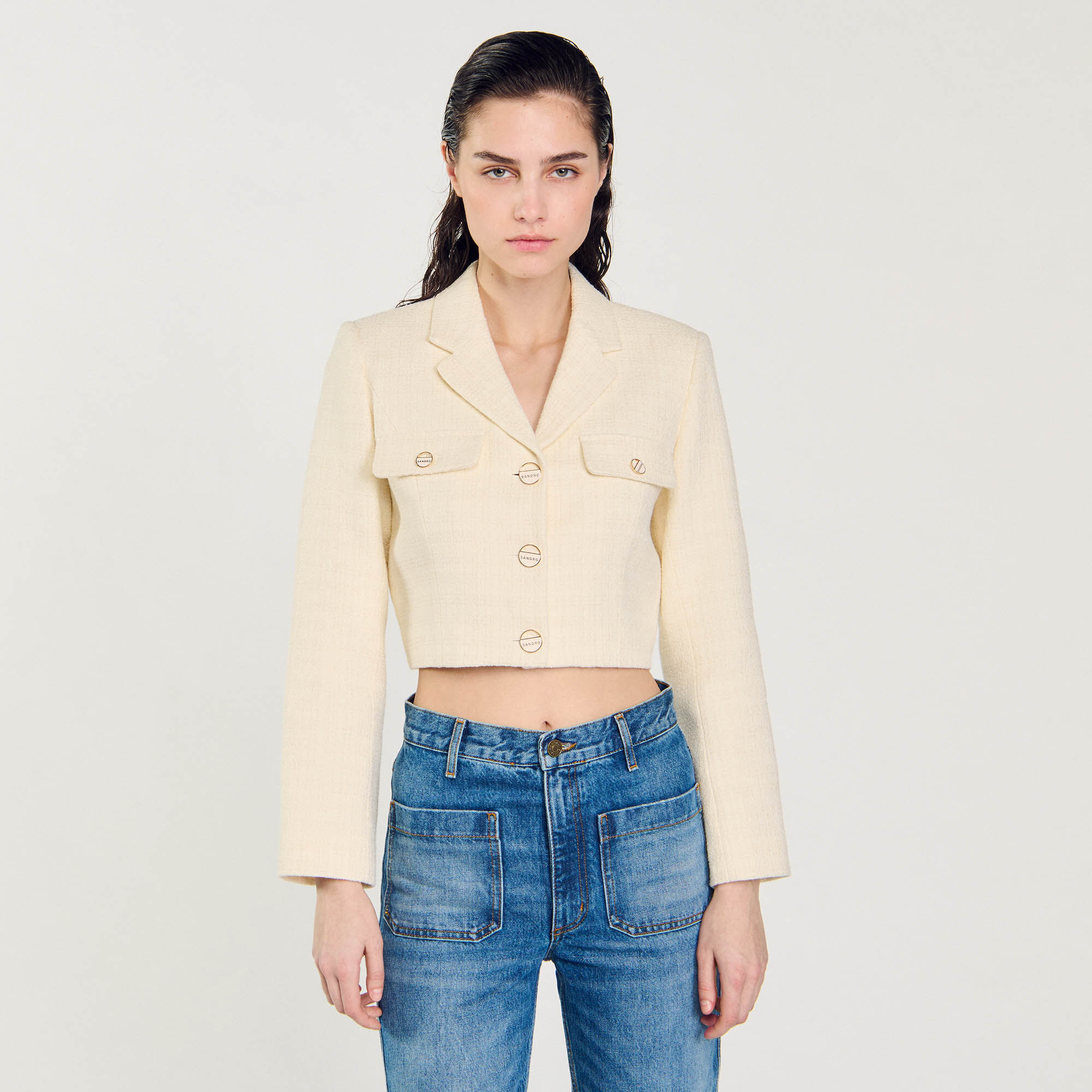 Cropped tweed button-up jacket white / beige For Women Cropped tweed button-up jacket white / beige For Women