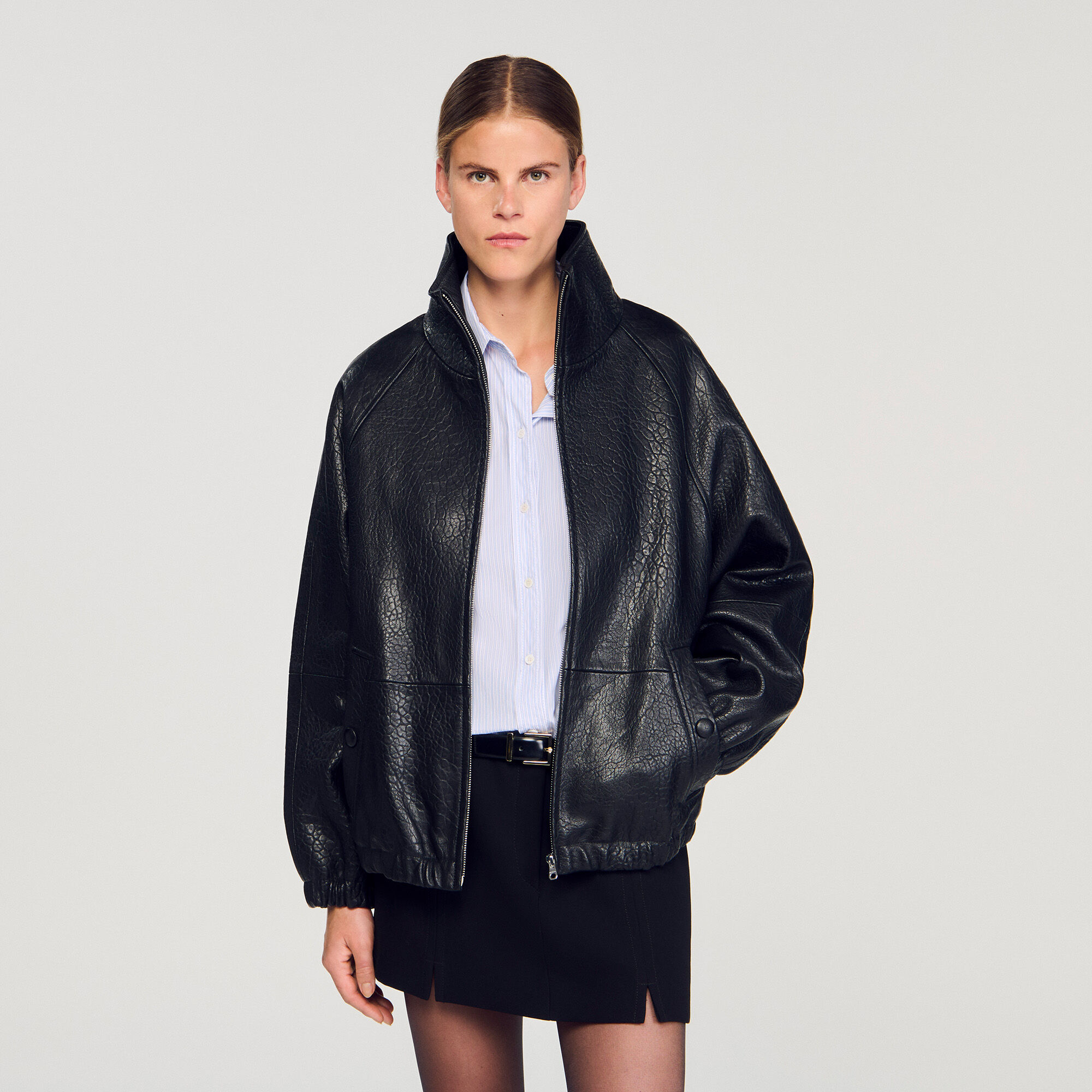 Oversized leather jacket black / gray For Women | Sandro Paris