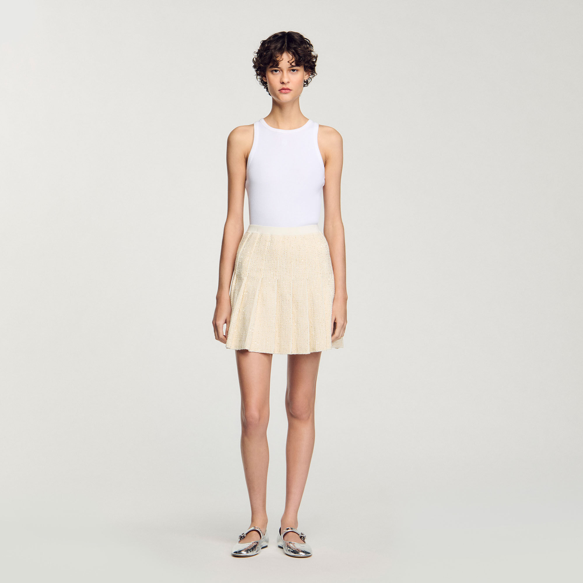 Short tweed pleated skirt white / beige For Women | Sandro Paris Short tweed pleated skirt white / beige For Women | Sandro Paris