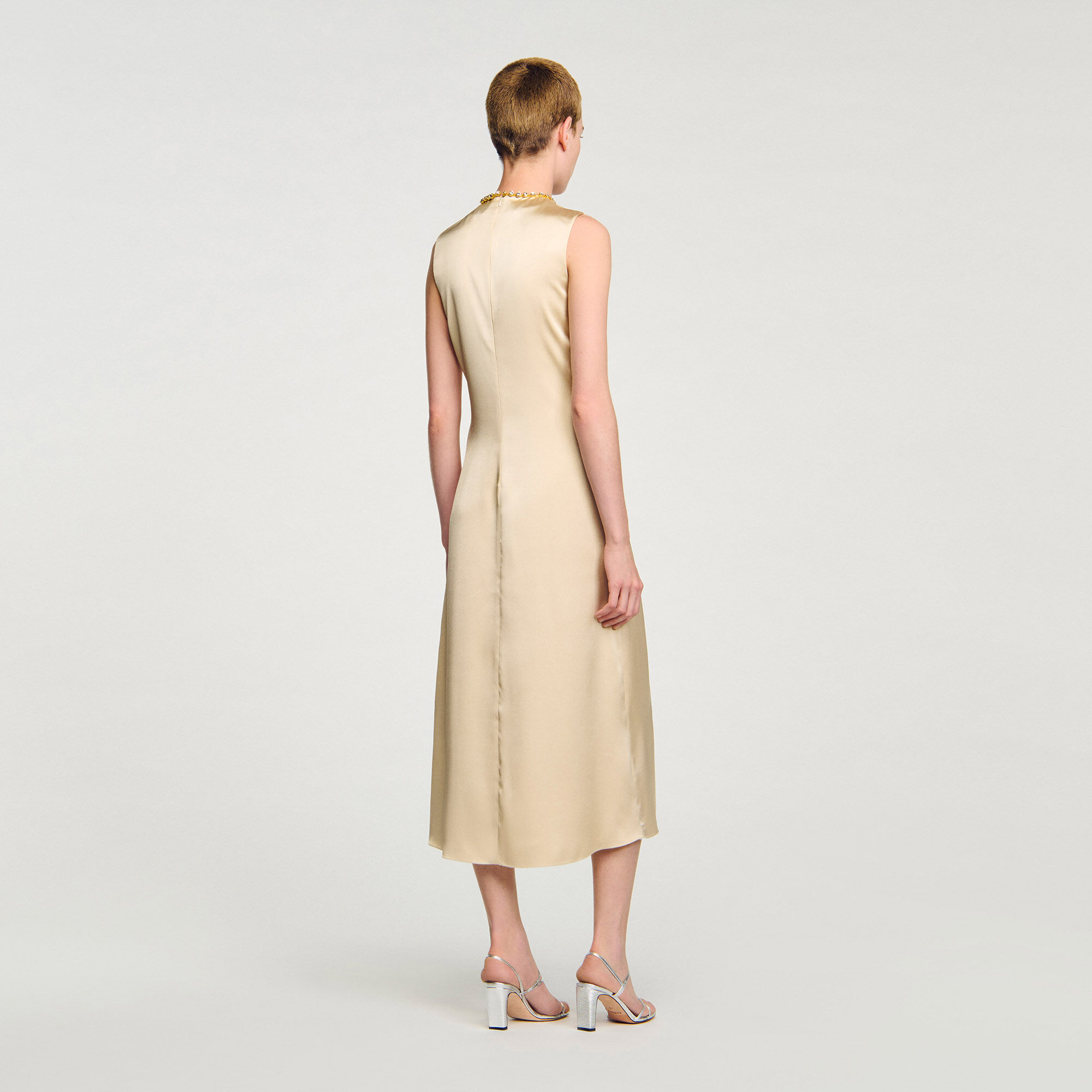 【大人気】SANDRO クリスタル スリット ミディドレス Rhinestone midi dress white / beige For Women | Sandro Paris