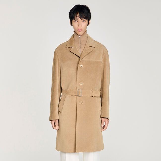 Long belted leather coat