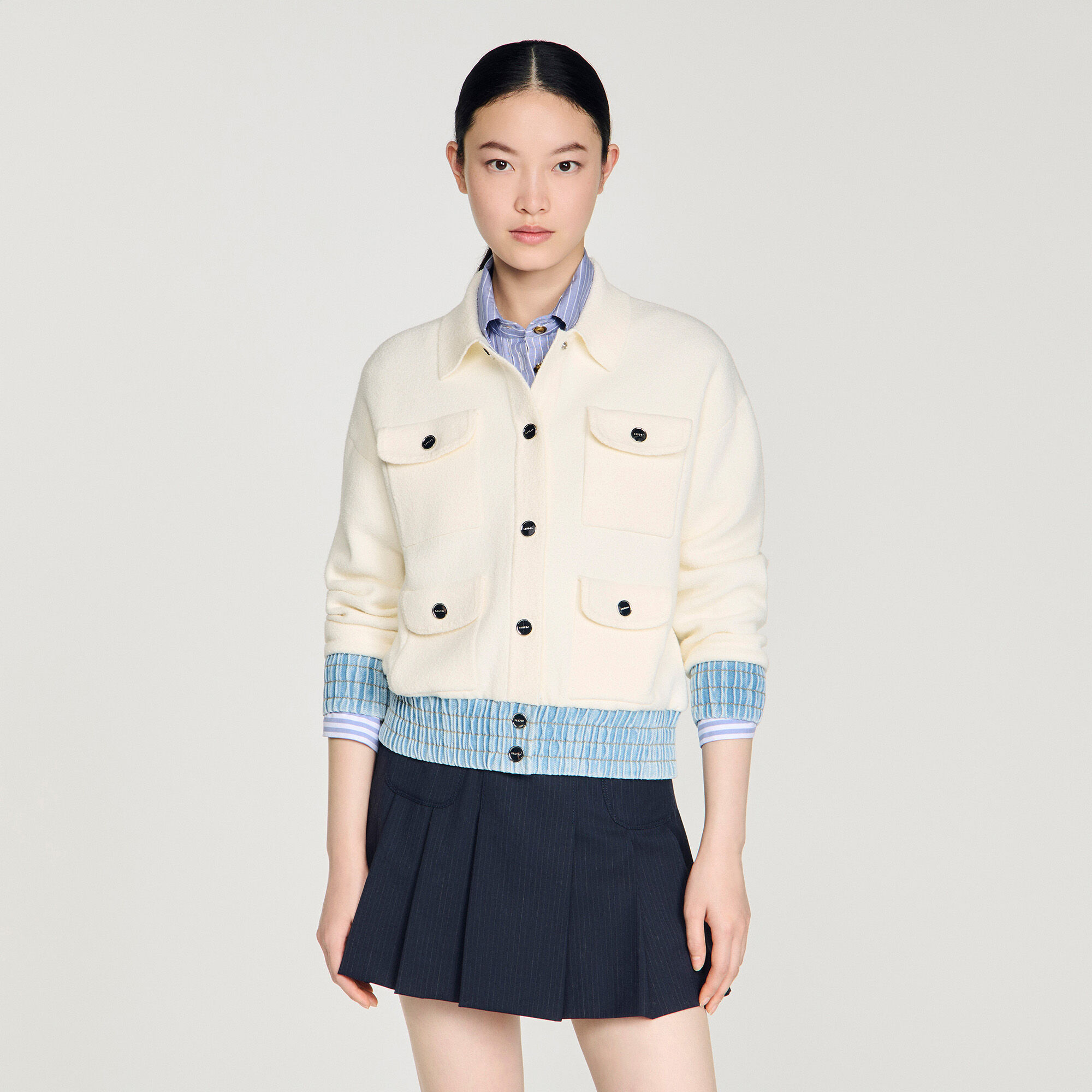 Cardigan with denim details white / beige For Women | Sandro Paris