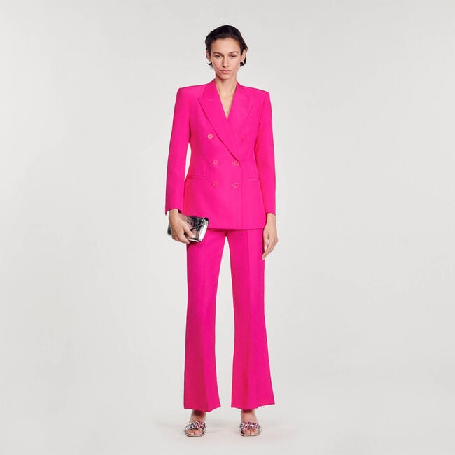 Women Flare Pants Suit Hot Pink Light Beige Blazer + Flare Trousers Suit