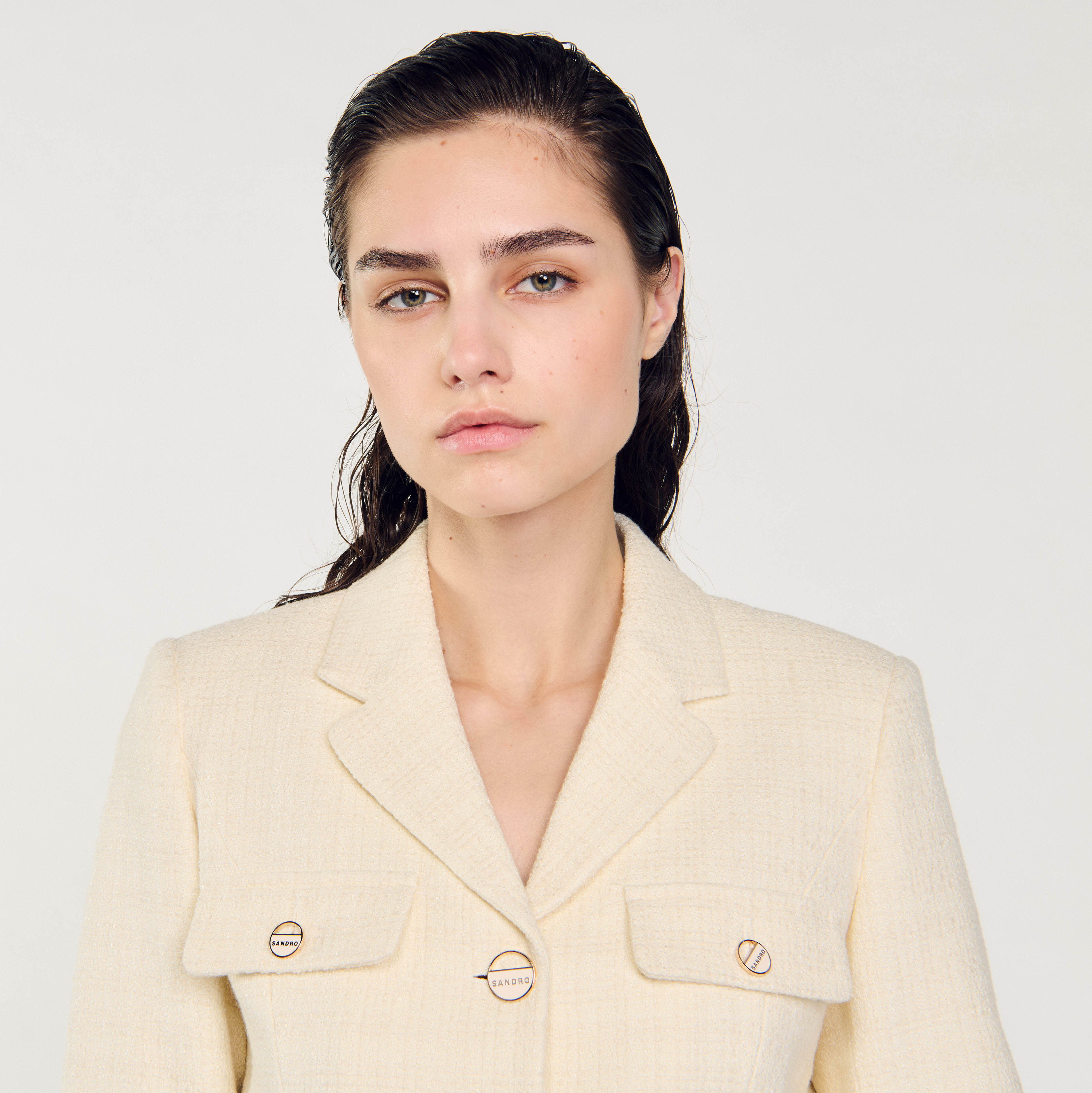 Cropped tweed button-up jacket white / beige For Women