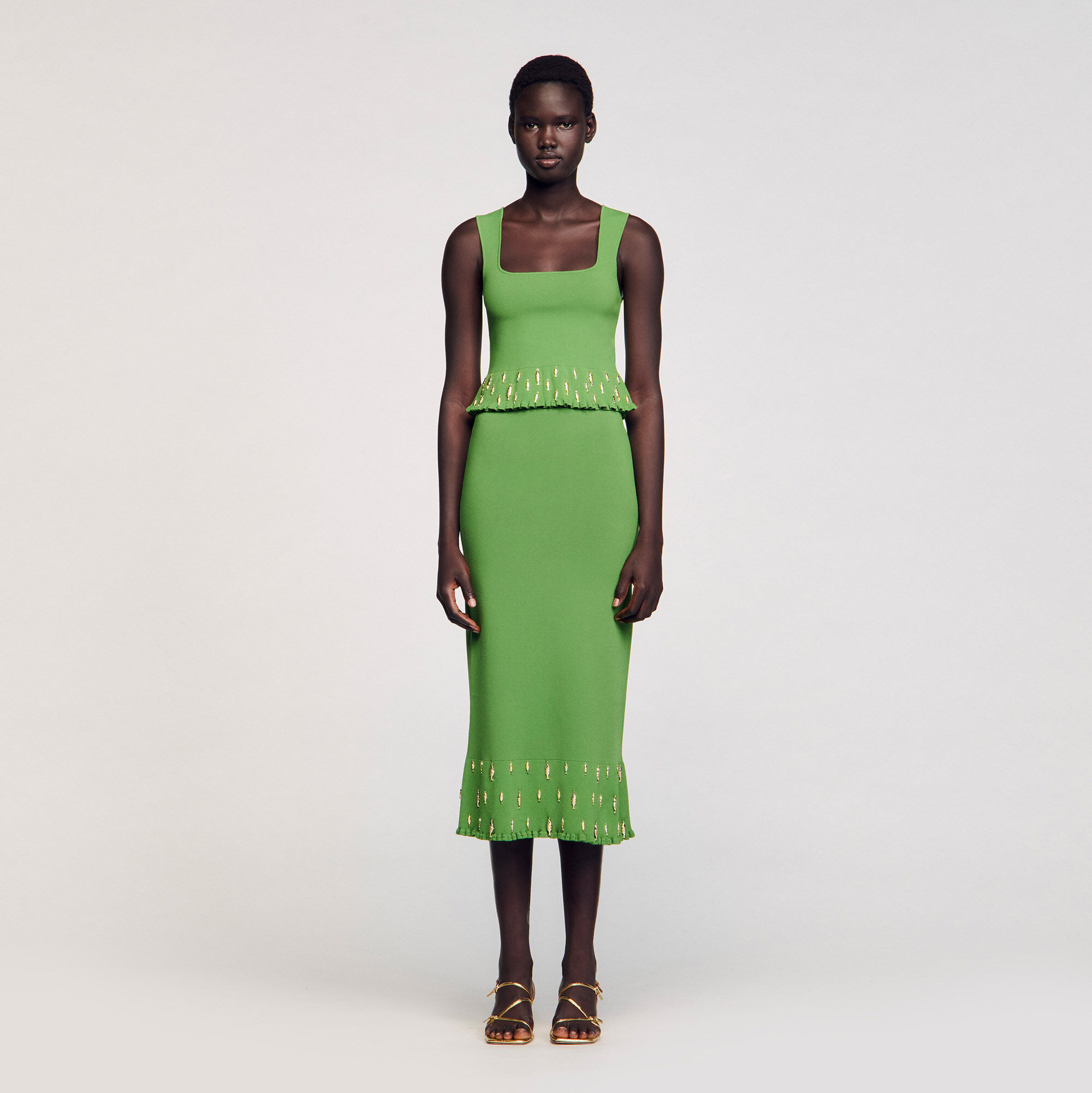 【SANDRO】 Mini knit dress with beaded neck black / gray For Women