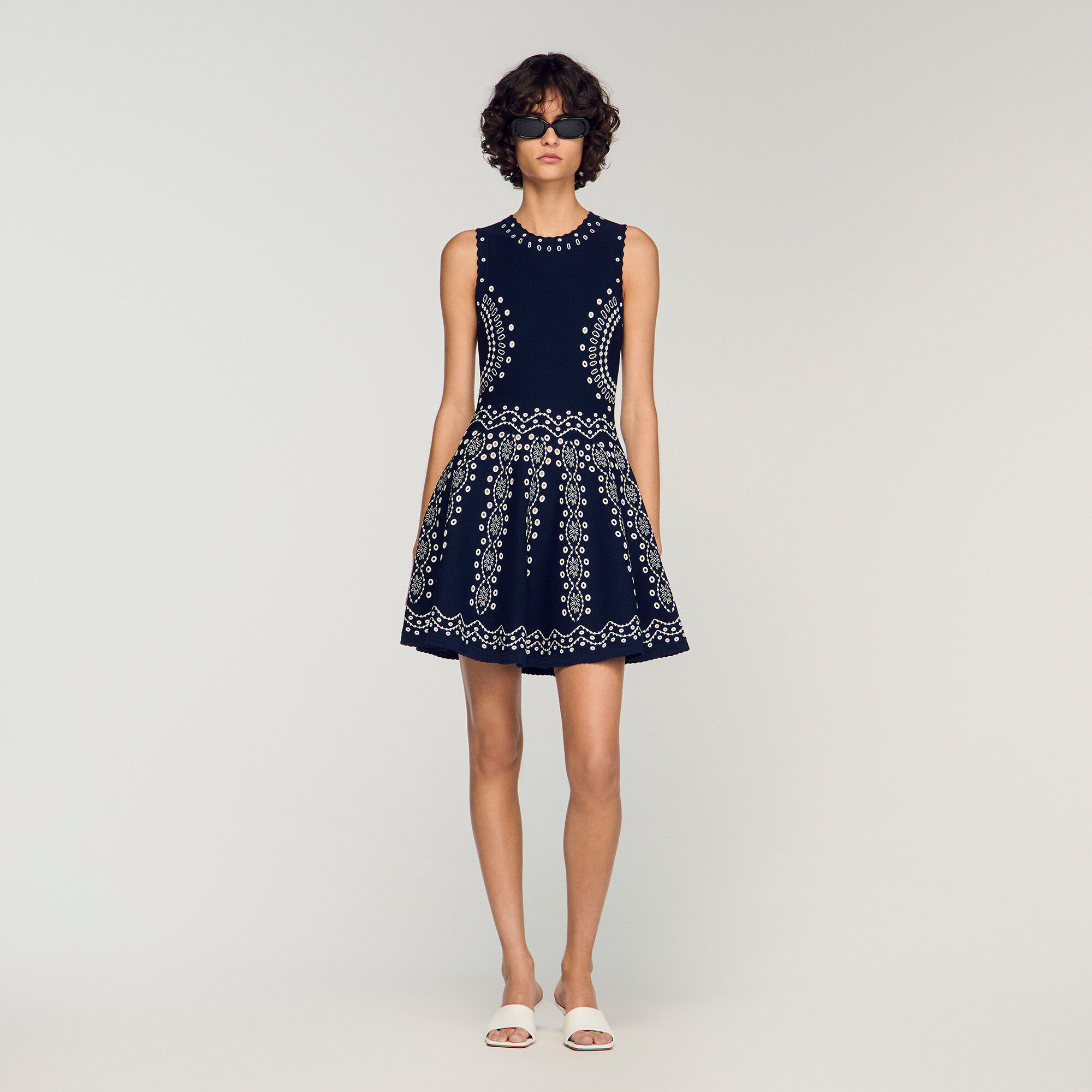 Scarf-print knit short dress blue For Women | Sandro Paris