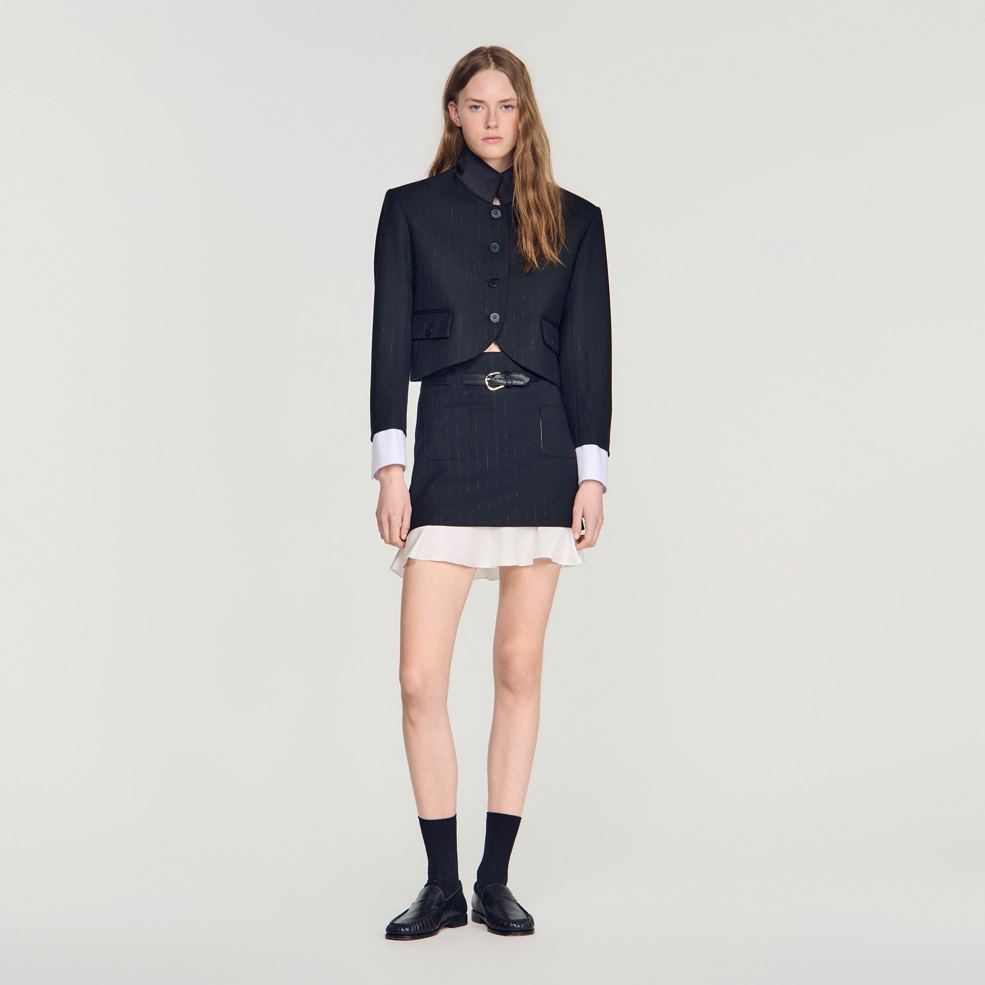 Short striped ruffled skirt black / gray For Women | Sandro Paris