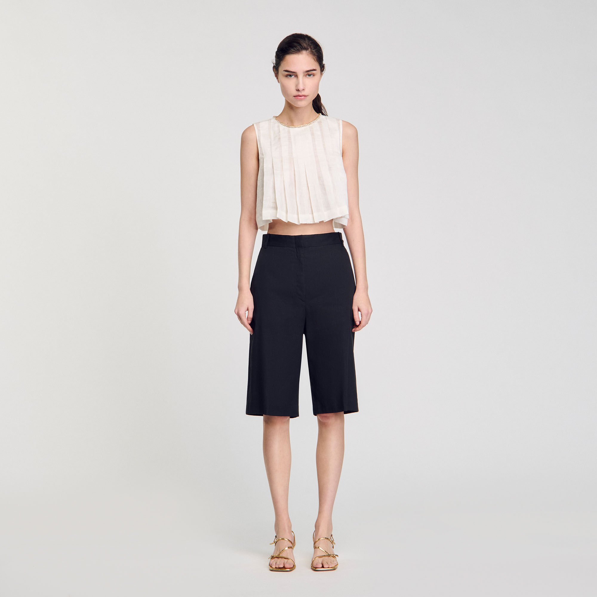 Pleated rhinestone neck crop top