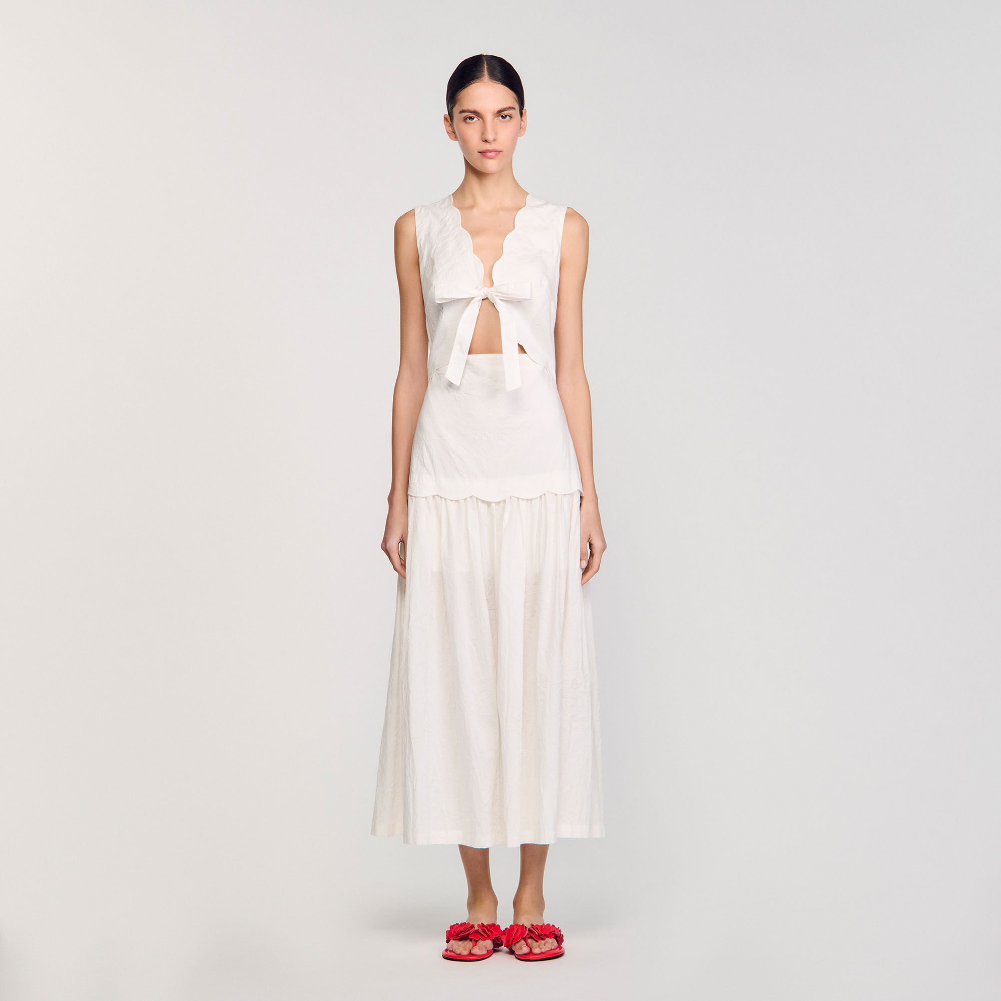 【SANDRO】シアー キャミソール ワンピース SANDRO Maxi dress with straps white / beige For Women | Sandro Paris