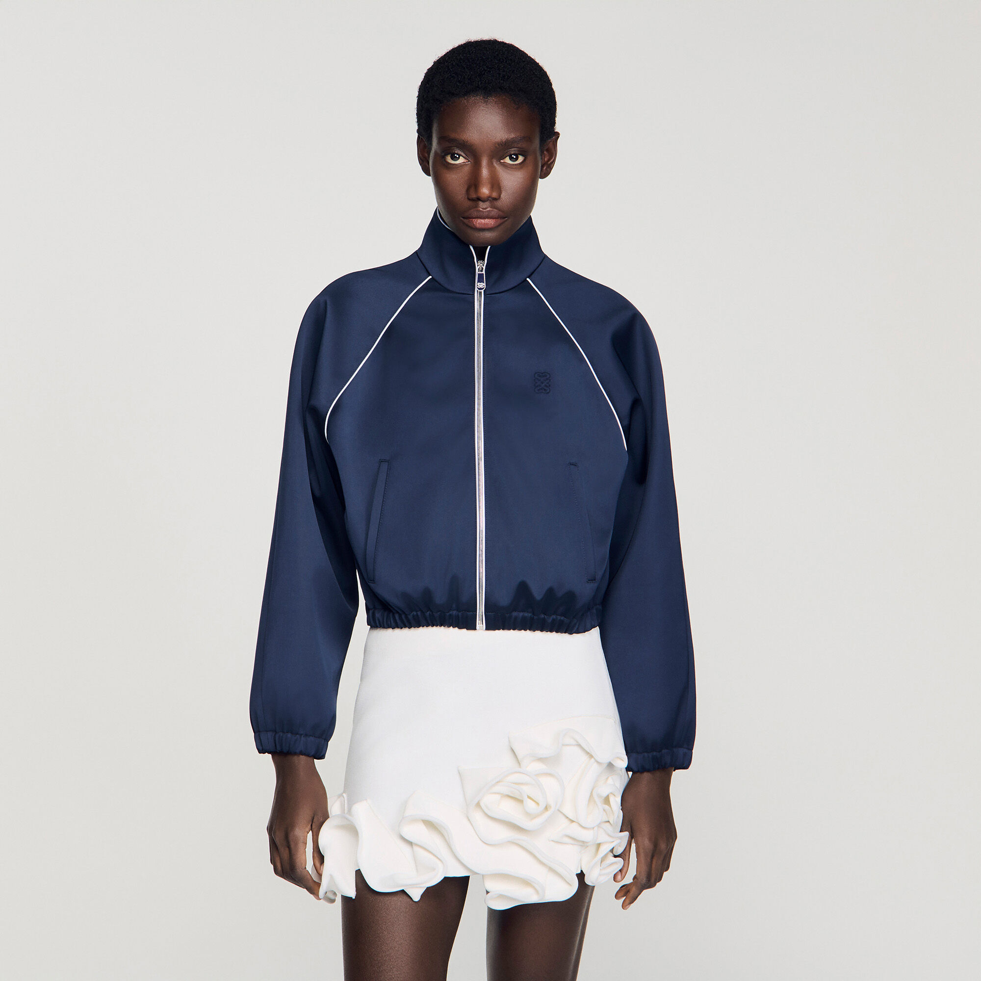 Embroidered cropped satin jacket blue For Women | Sandro Paris