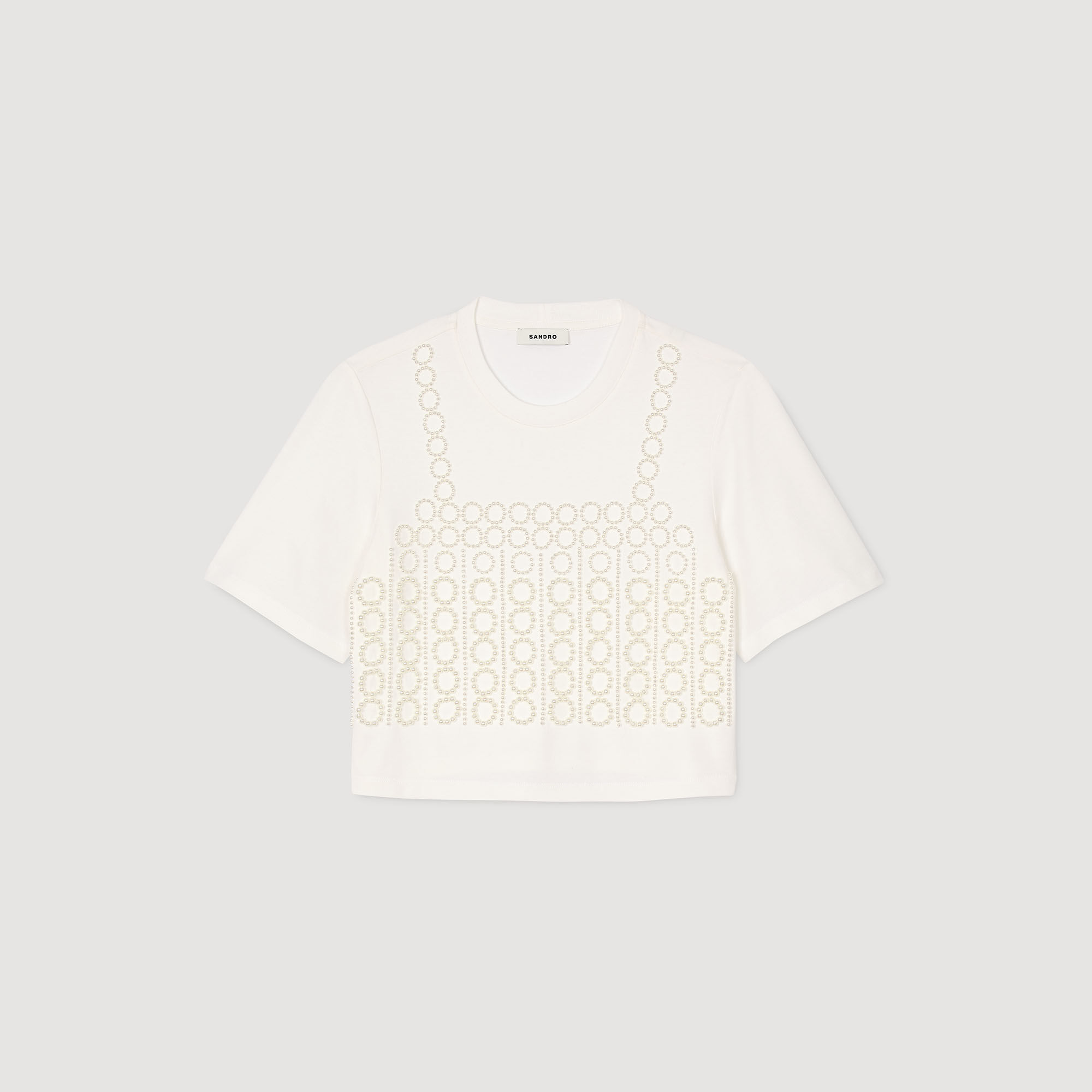 Beaded cropped T-shirt white / beige For Women | Sandro Paris