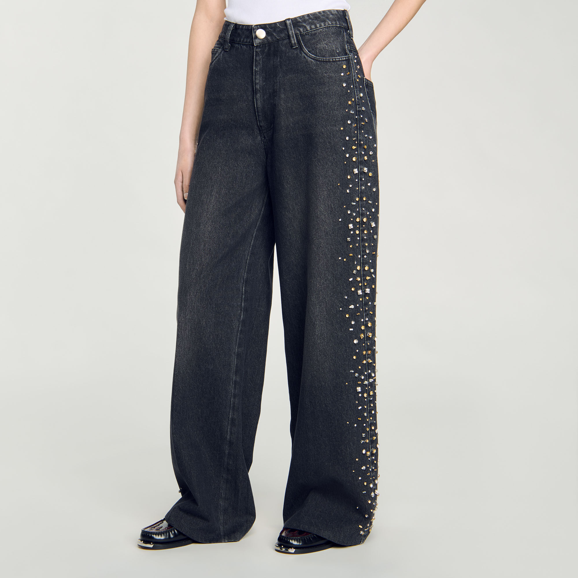 Wide-leg rhinestone jeans