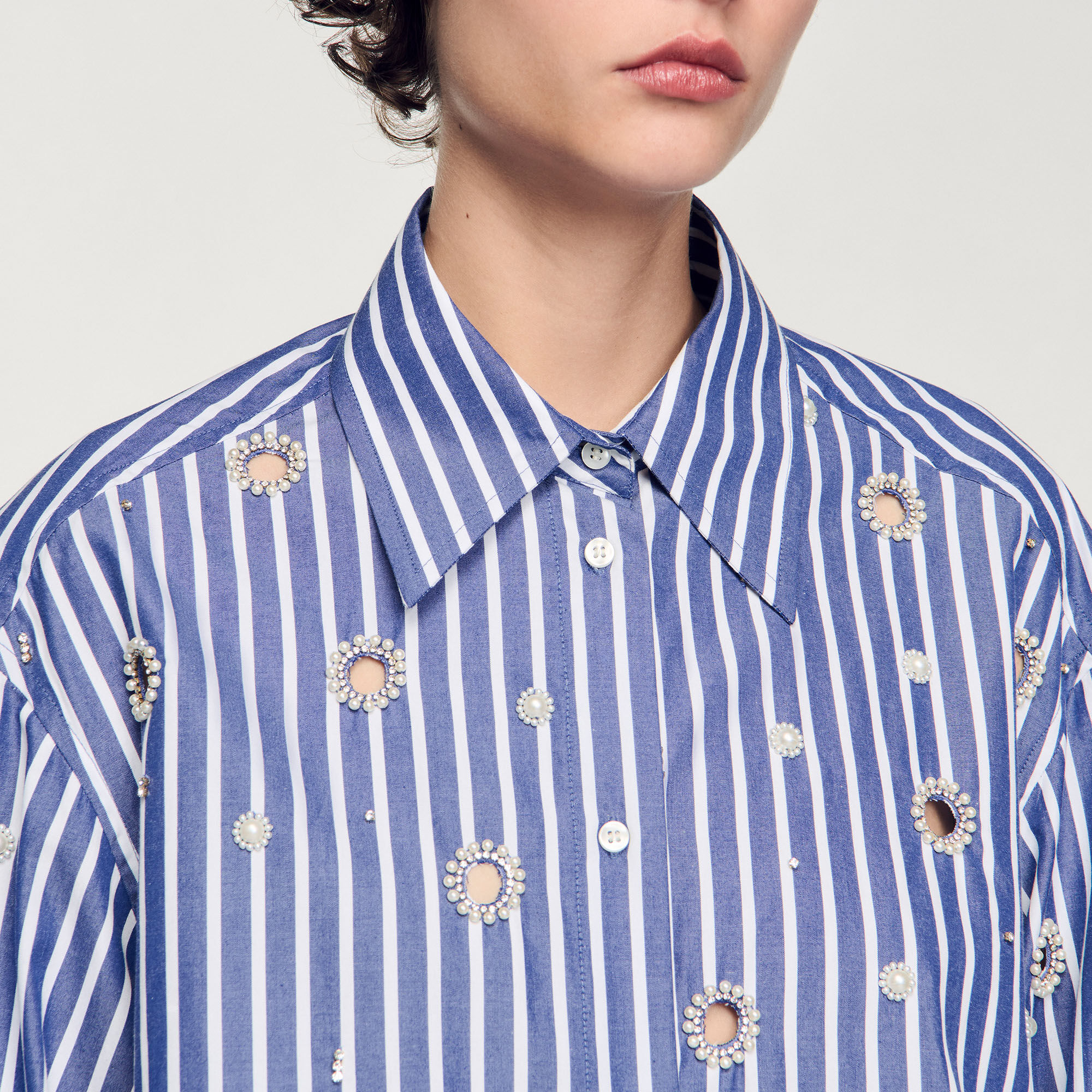 Beaded striped shirt blue For Women | Sandro Paris