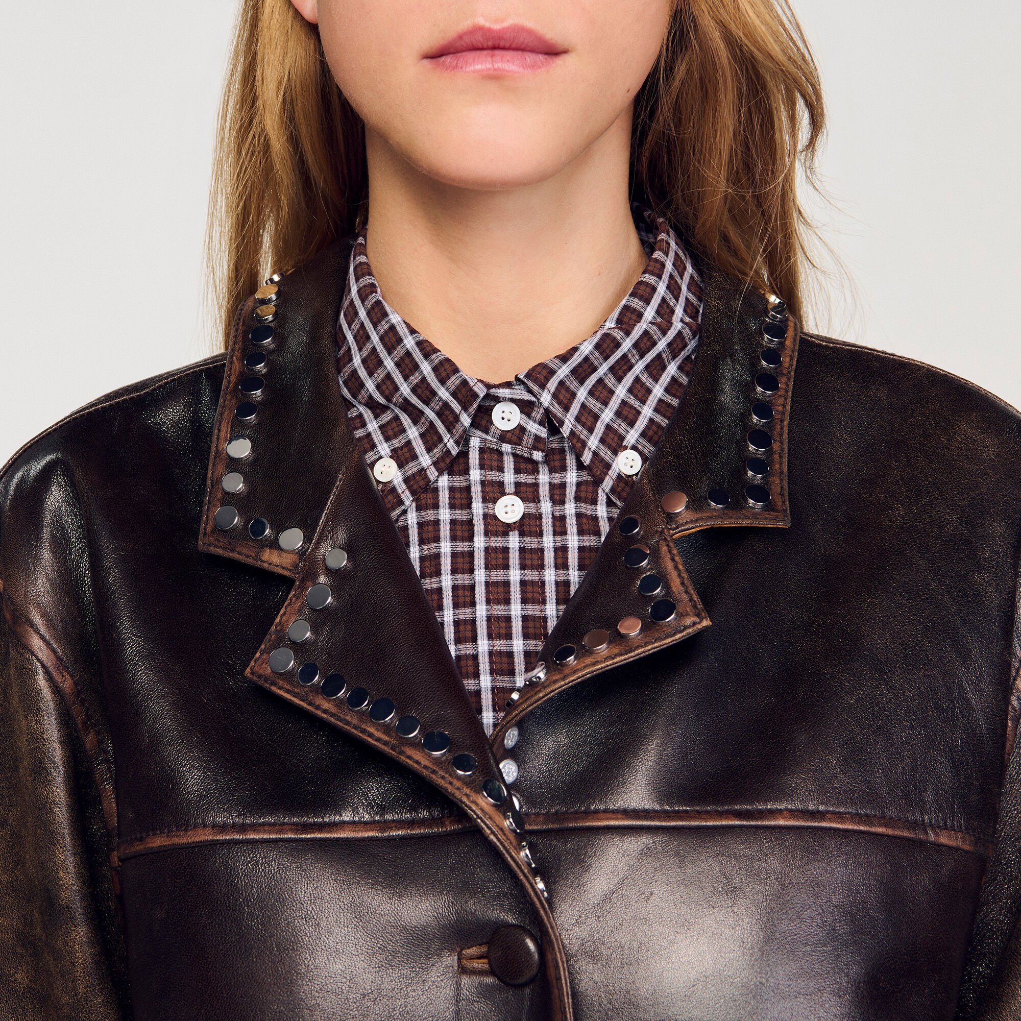 Oversized leather jacket with studs