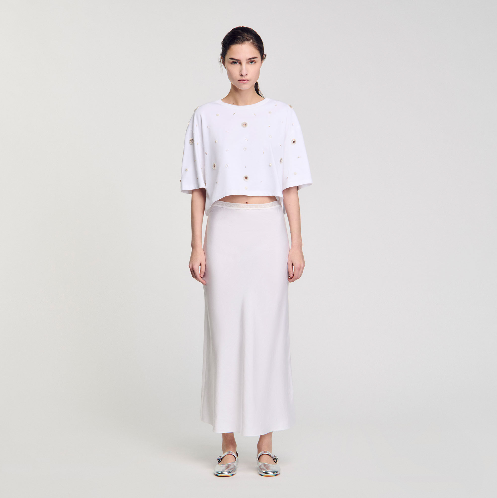 Cropped pearl bead T-shirt white / beige For Women | Sandro