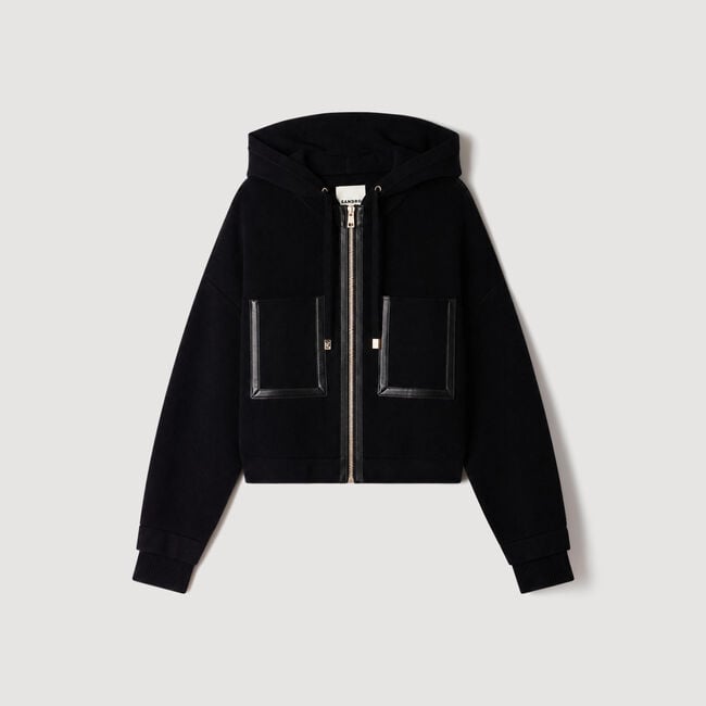 Hooded cardigan, leather details - Women | Sandro