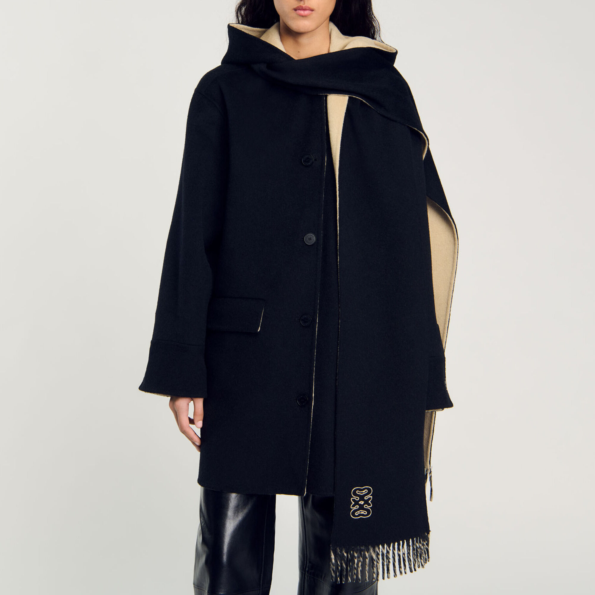 Wool coat with scarf black / gray For Women | Sandro Paris