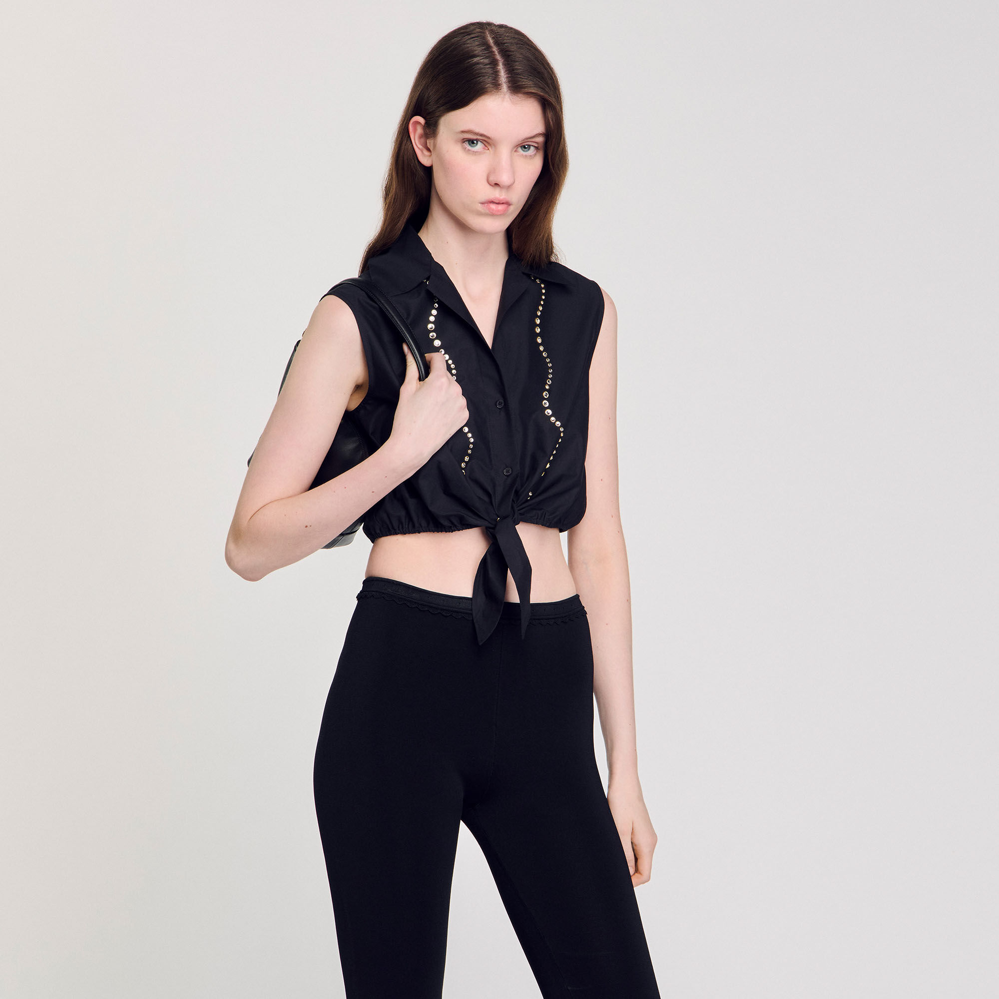 Rhinestone cropped shirt black / gray For Women | Sandro Paris