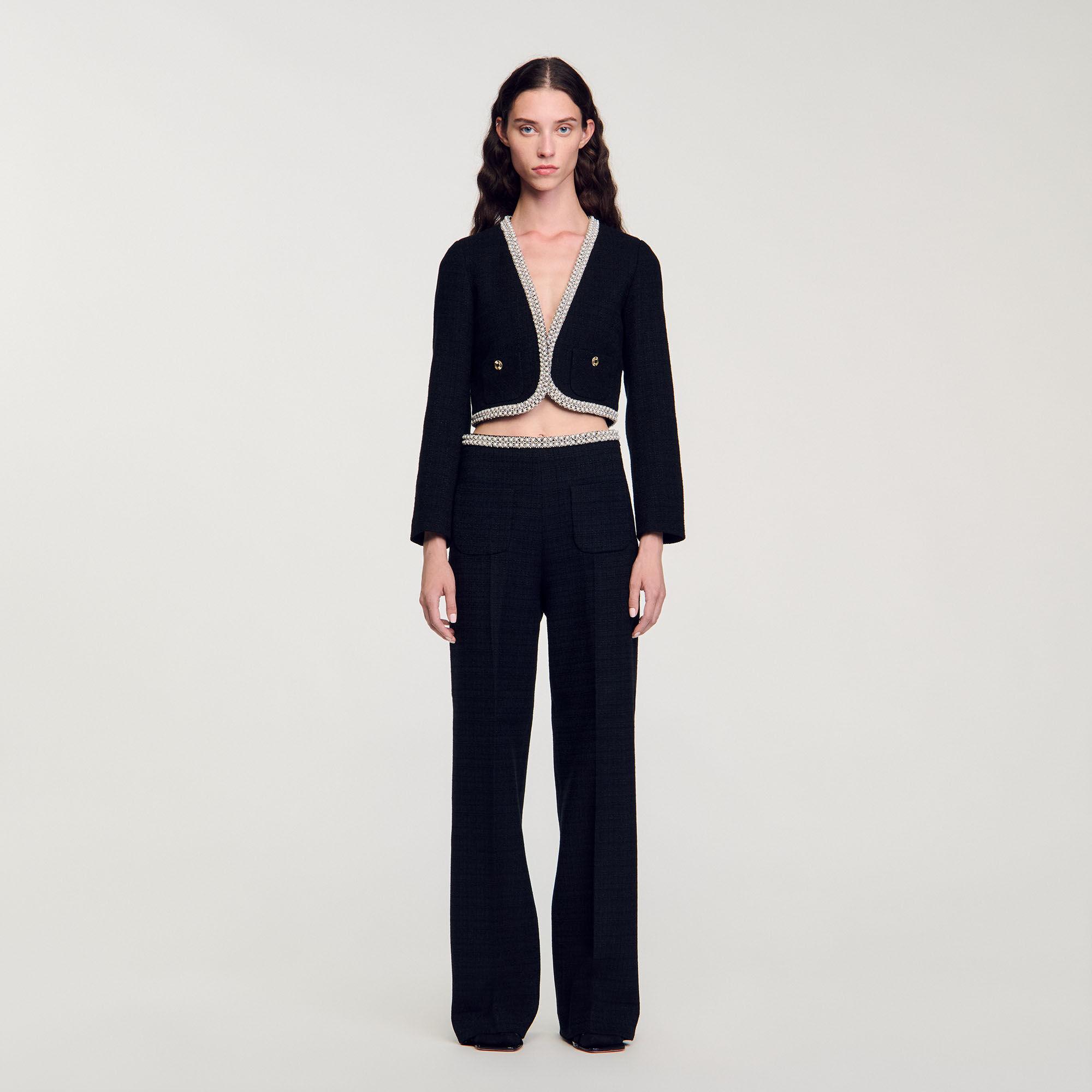 Cropped tweed jacket black gray For Women Sandro Paris