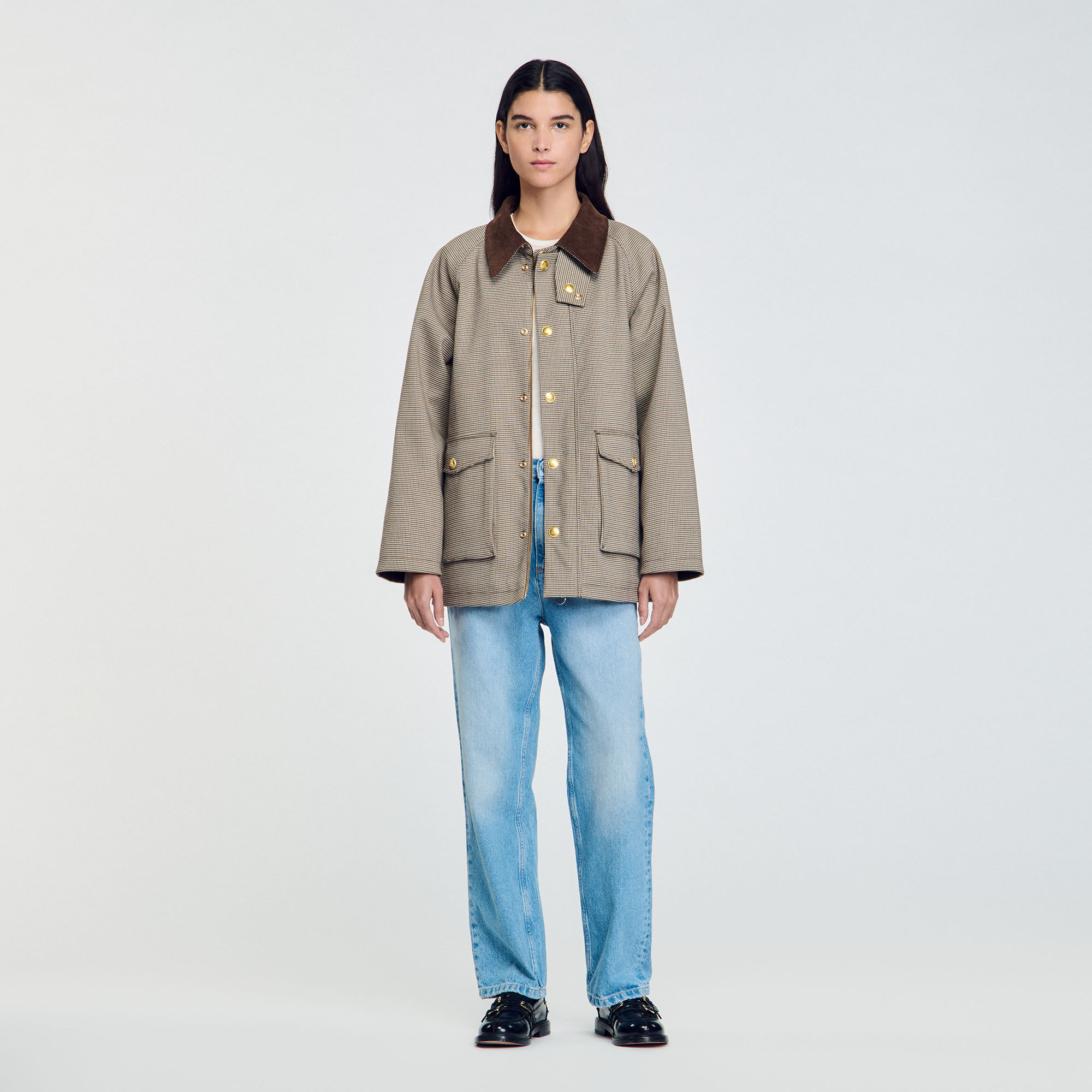 Check coat with guaranteed velvet collar