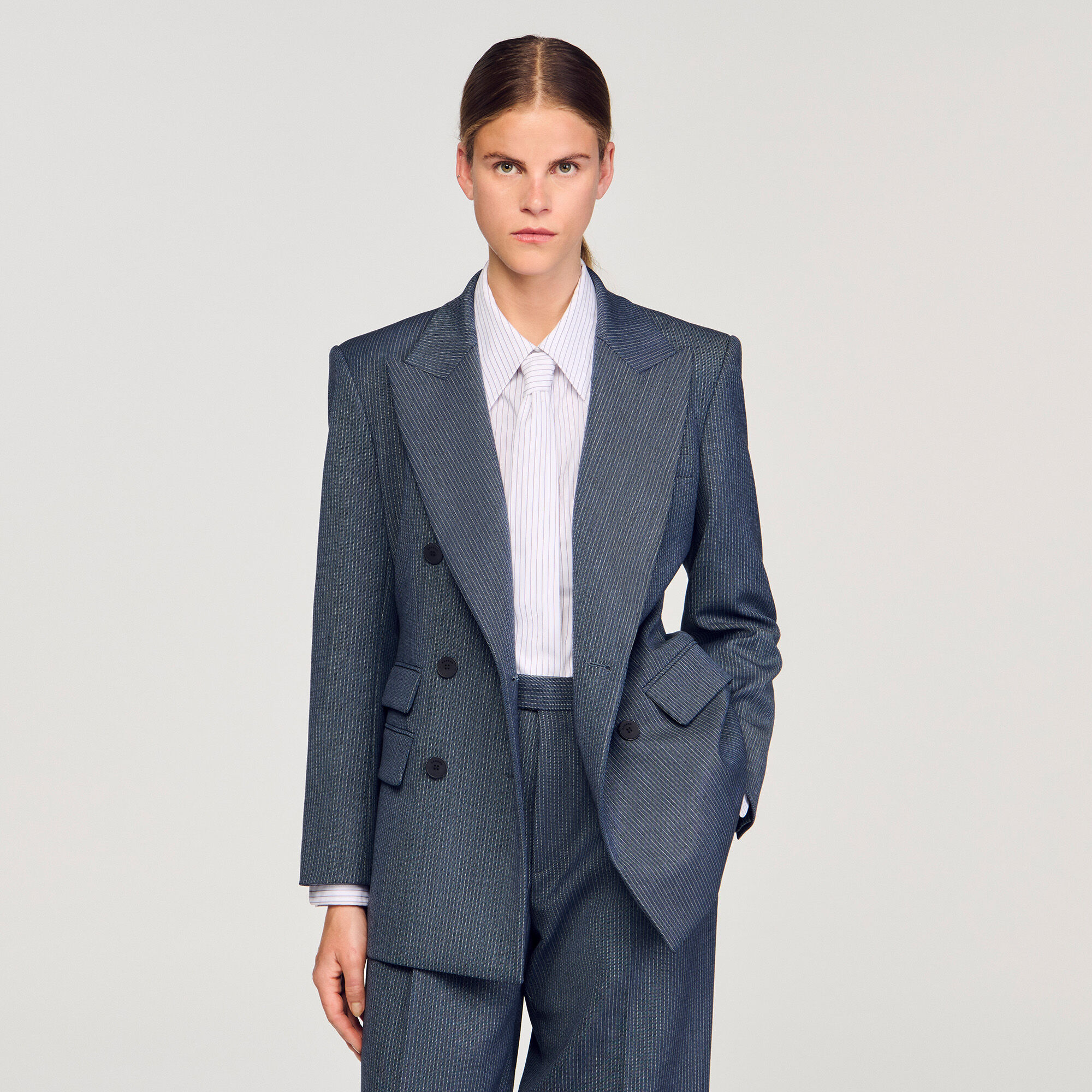 Striped tailored jacket blue For Women | Sandro Paris