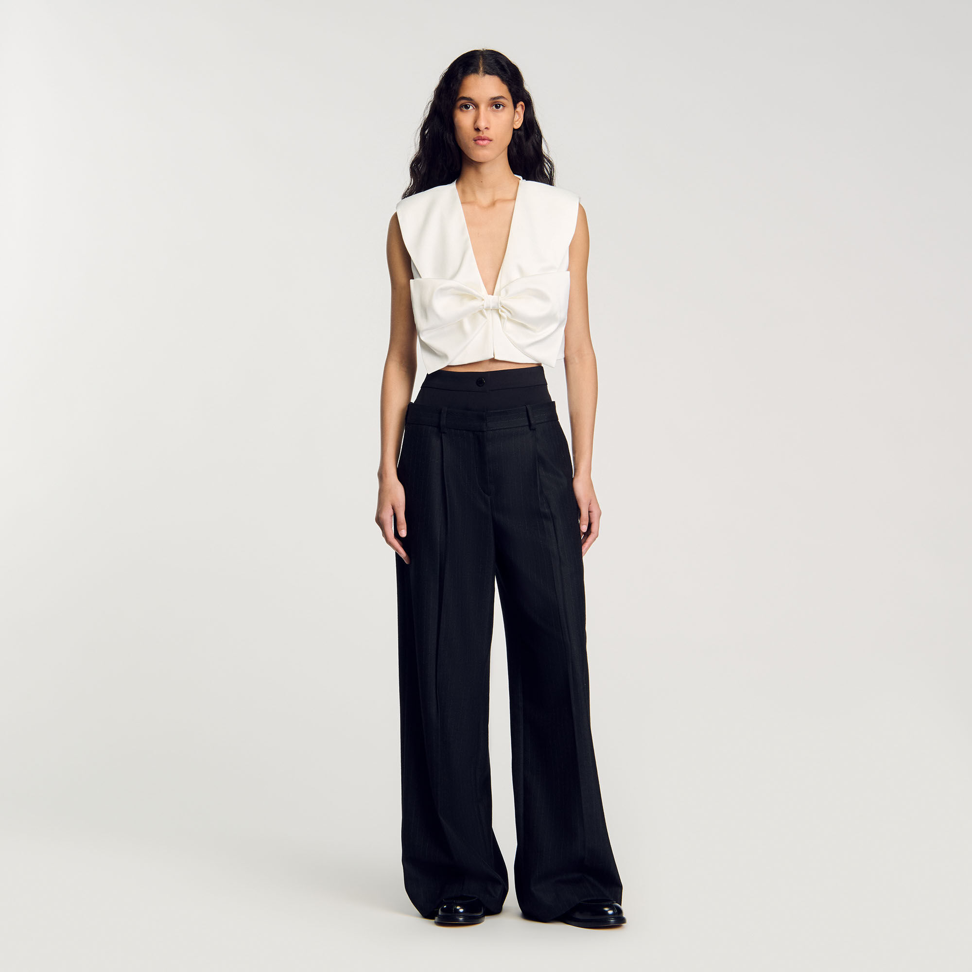 Striped double waistband trousers