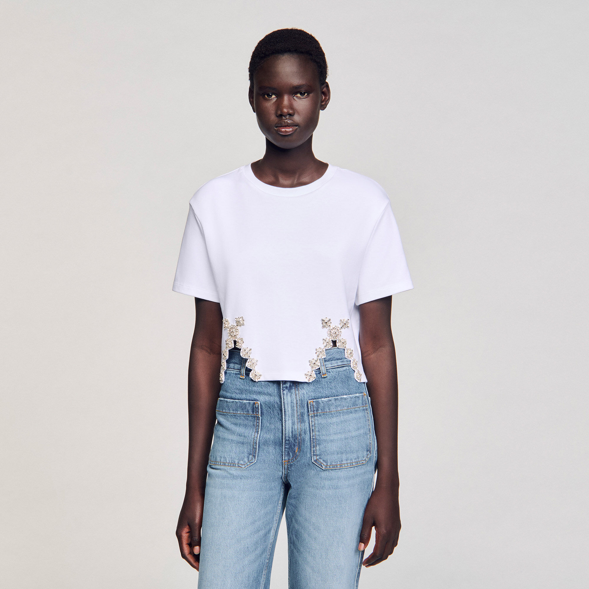 Rhinestone crop top white / beige For Women | Sandro Paris